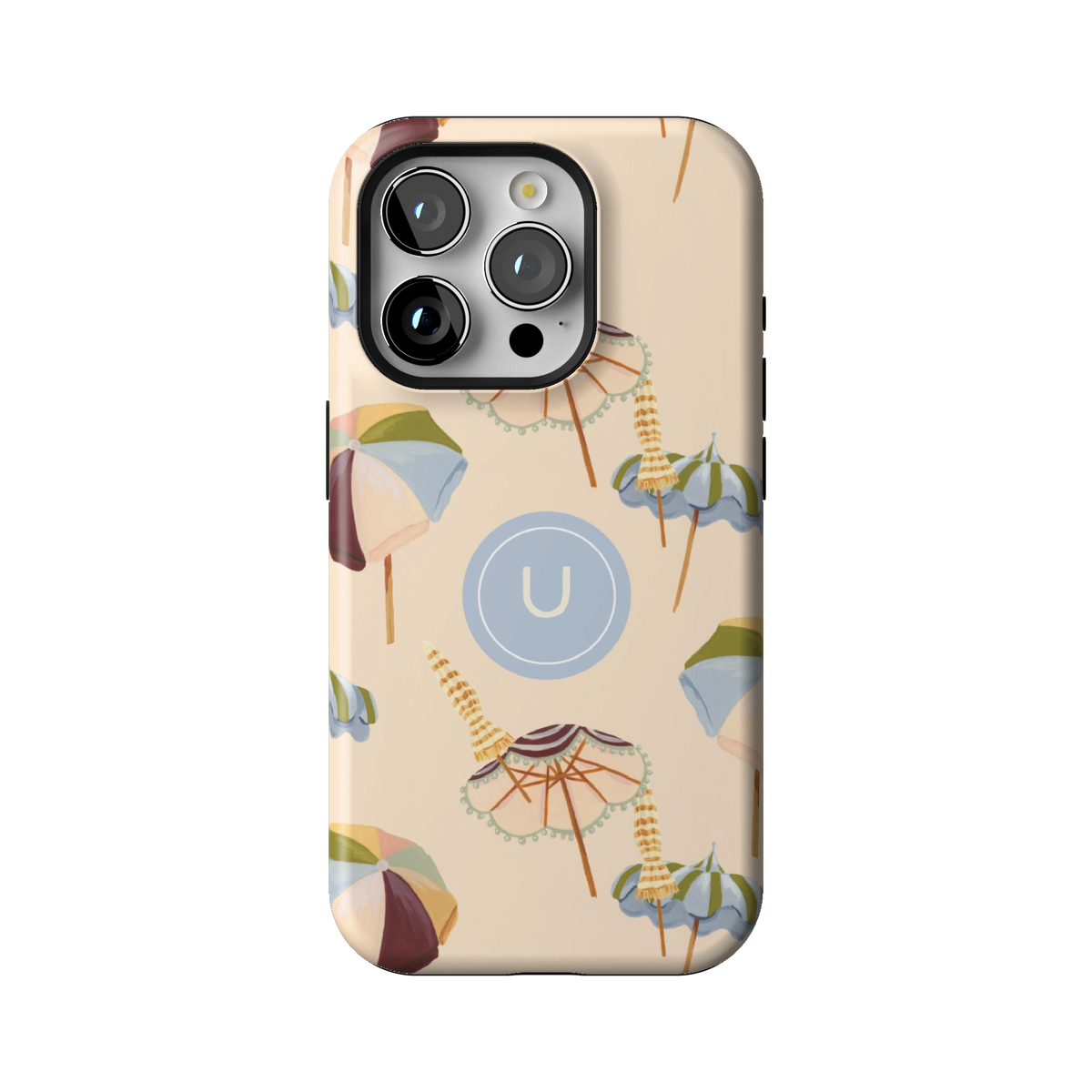 Umbrellas Personalized case on iPhone 15 Pro, back view: striped beach umbrellas and loungers on warm sand with the initial U