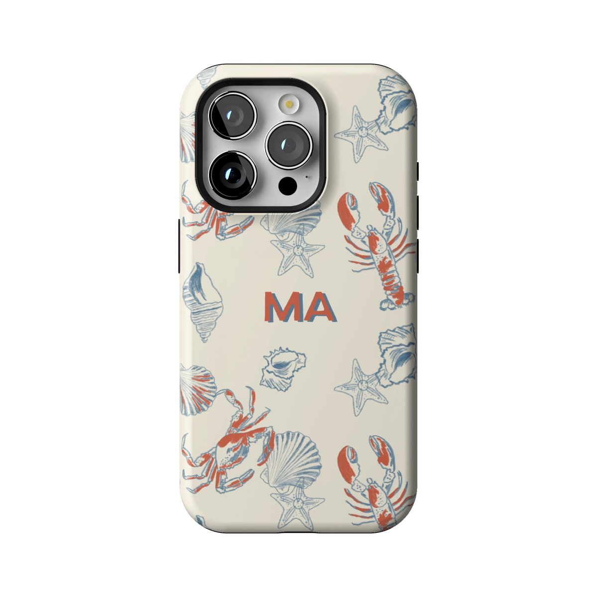 Mariner Personalized case on iPhone 15 Pro, back view: red lobsters, blue crabs and seashells on cream with the initials MA
