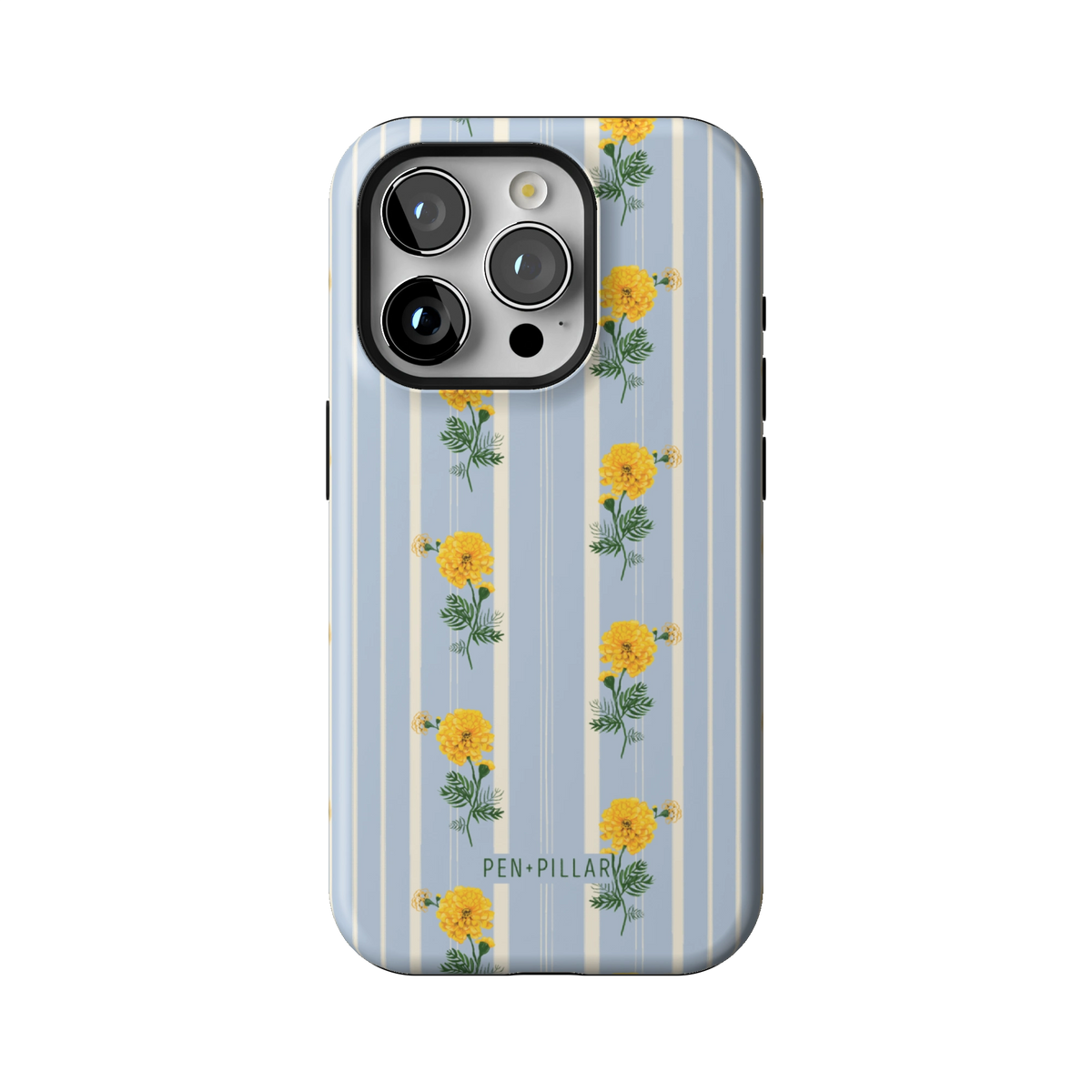 October Birth Month case on iPhone 15 Pro, back view: yellow marigolds on blue and cream stripes