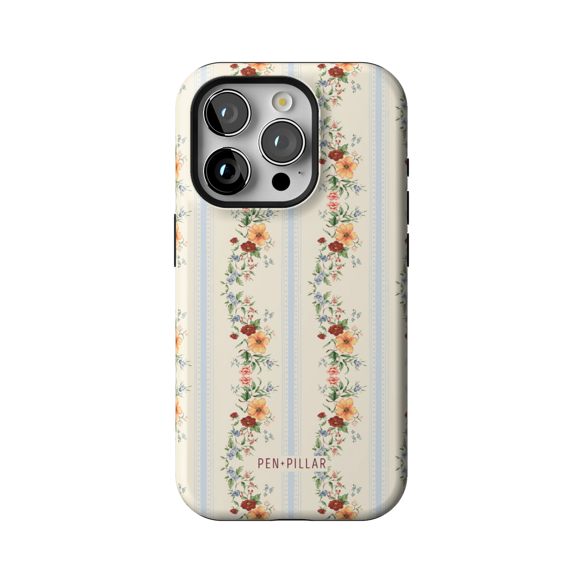 Wallflower case on iPhone 15 Pro, back view: floral garlands in orange and blush on cream and pale blue stripes