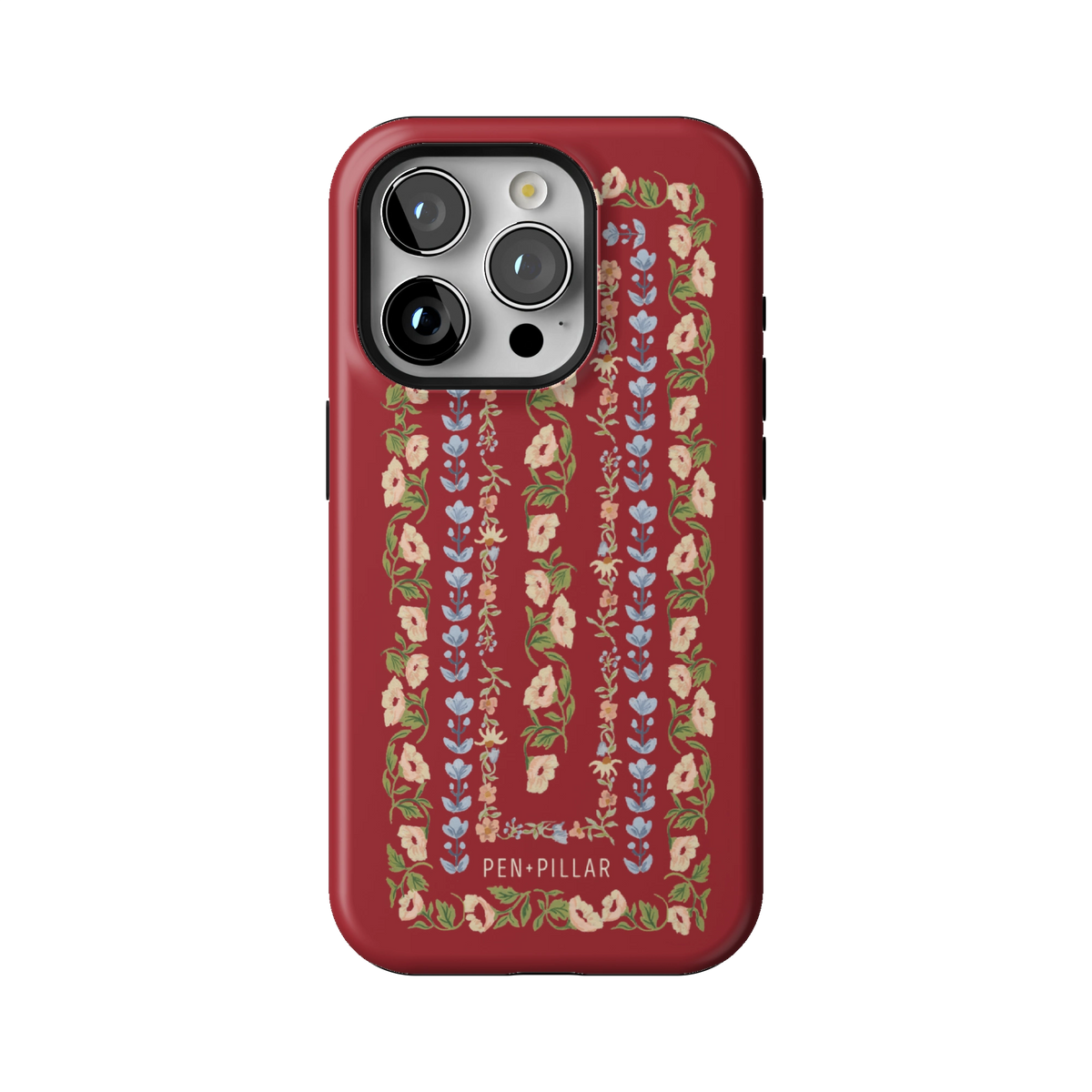 Fiona case on iPhone 15 Pro, back view: ornate floral stripes in cream, blush and blue on rich red
