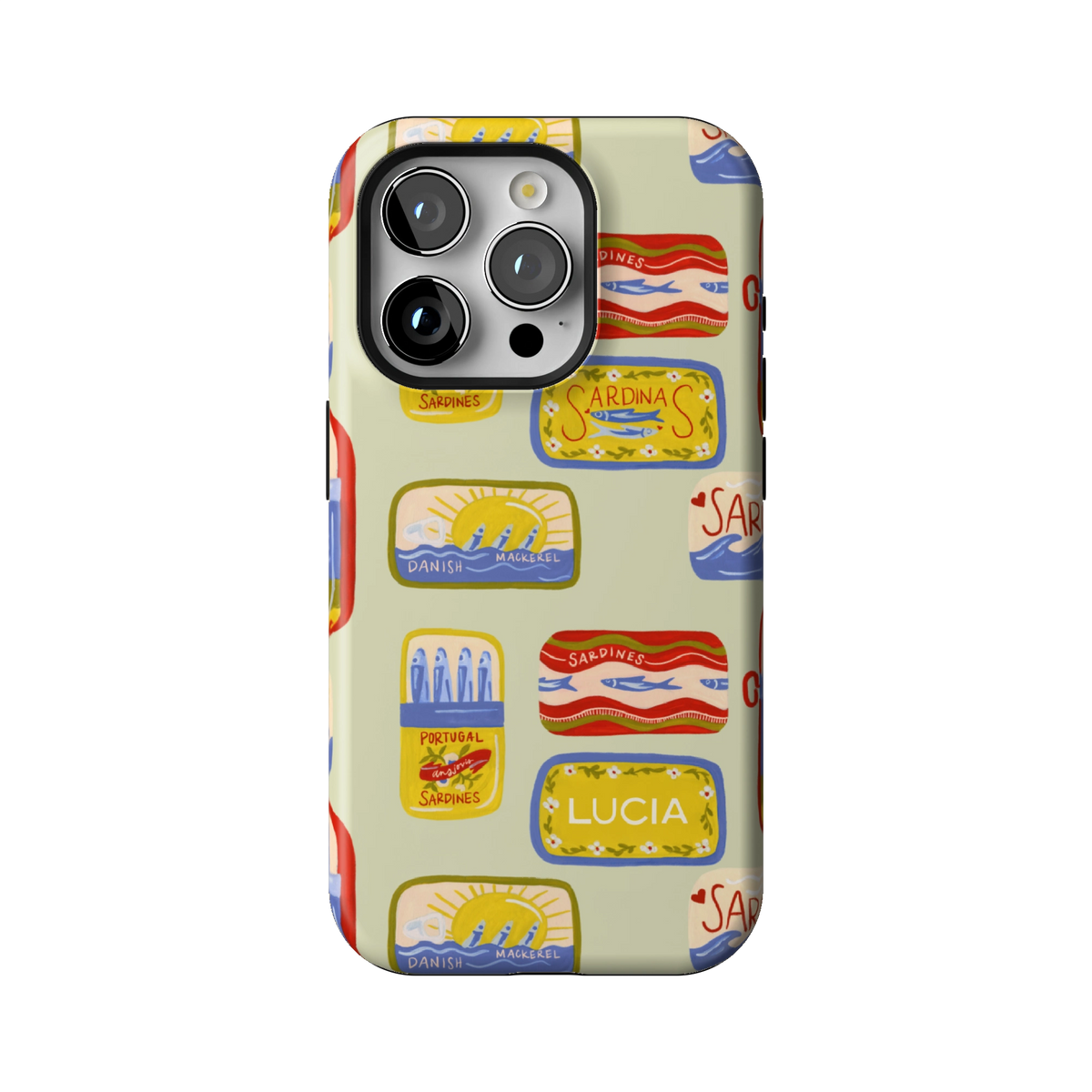 Sardines Personalized case on iPhone 15 Pro, back view: vintage sardine tins on pale sage with the name Lucia