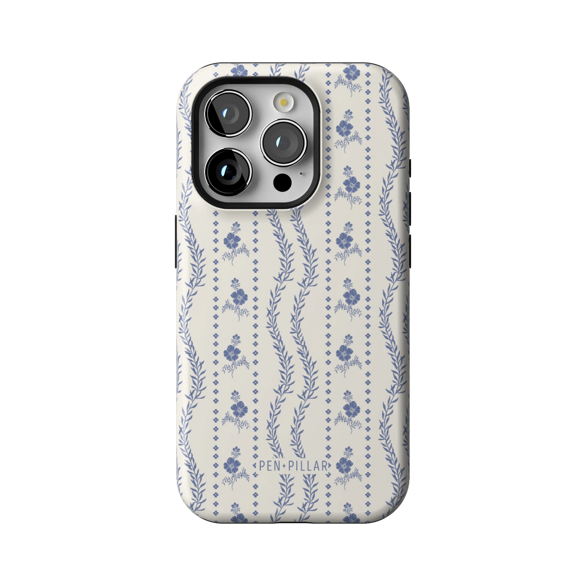 Riviera case on iPhone 15 Pro, back view: blue florals and vines in stripes on white