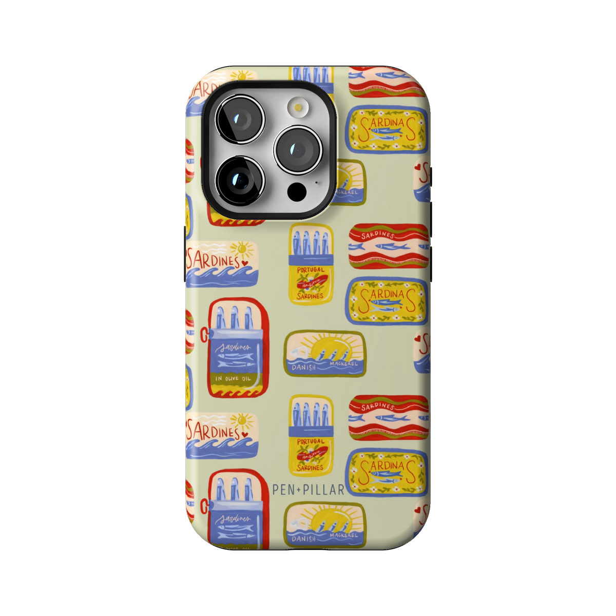 Sardines case on iPhone 15 Pro, back view: vintage sardine tins on pale sage