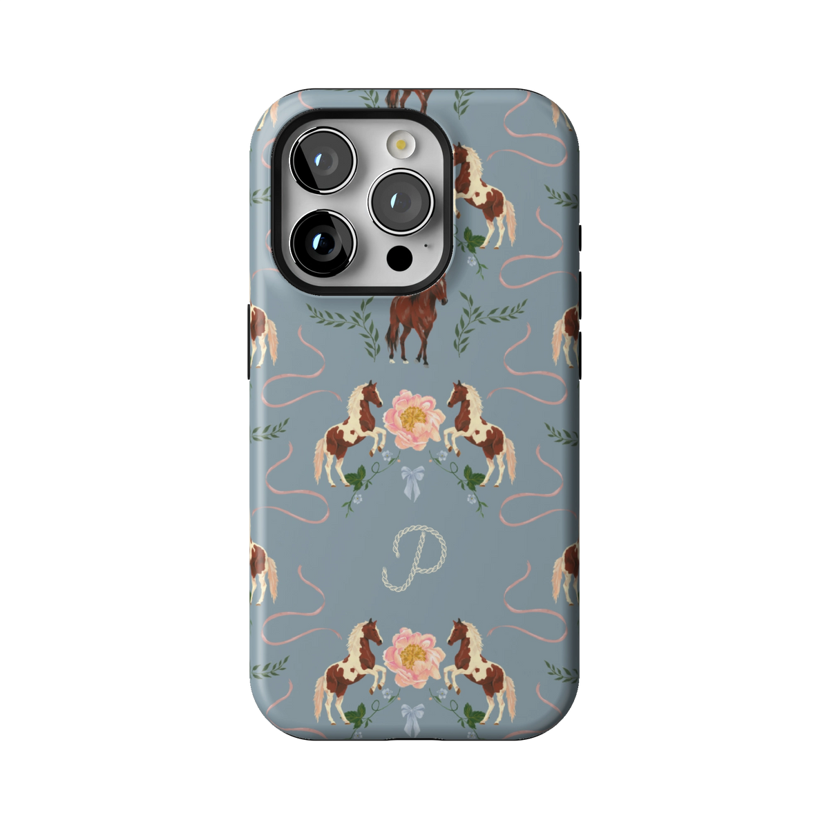 Prairie Personalized case on iPhone 15 Pro, back view: horses and blush florals on dusty blue with the initial P