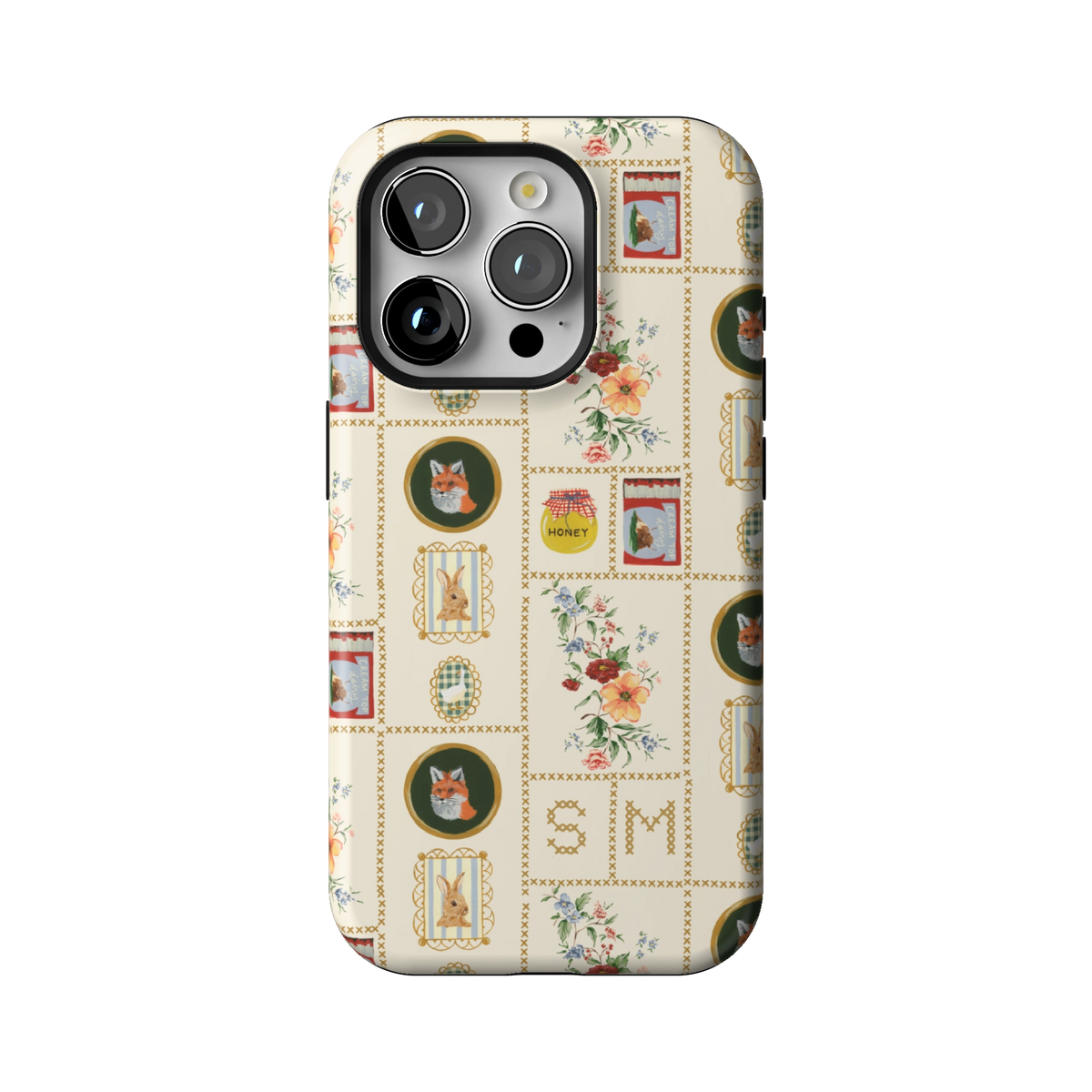 Sampler Personalized case on iPhone 15 Pro, back view: cross-stitch style squares of jars, animals and florals on cream with the initials SM