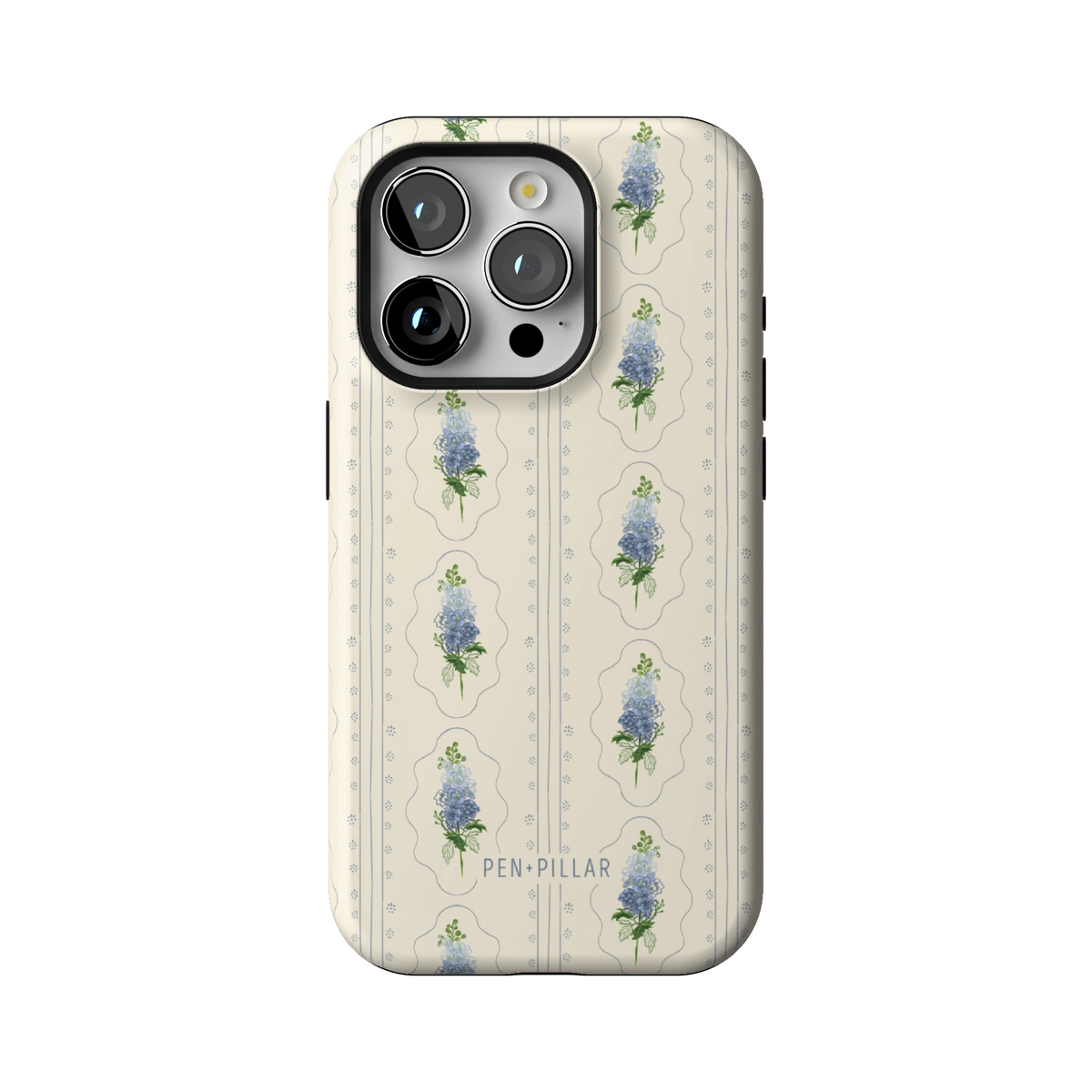 July Birth Month case on iPhone 15 Pro, back view: blue larkspur in cream frames