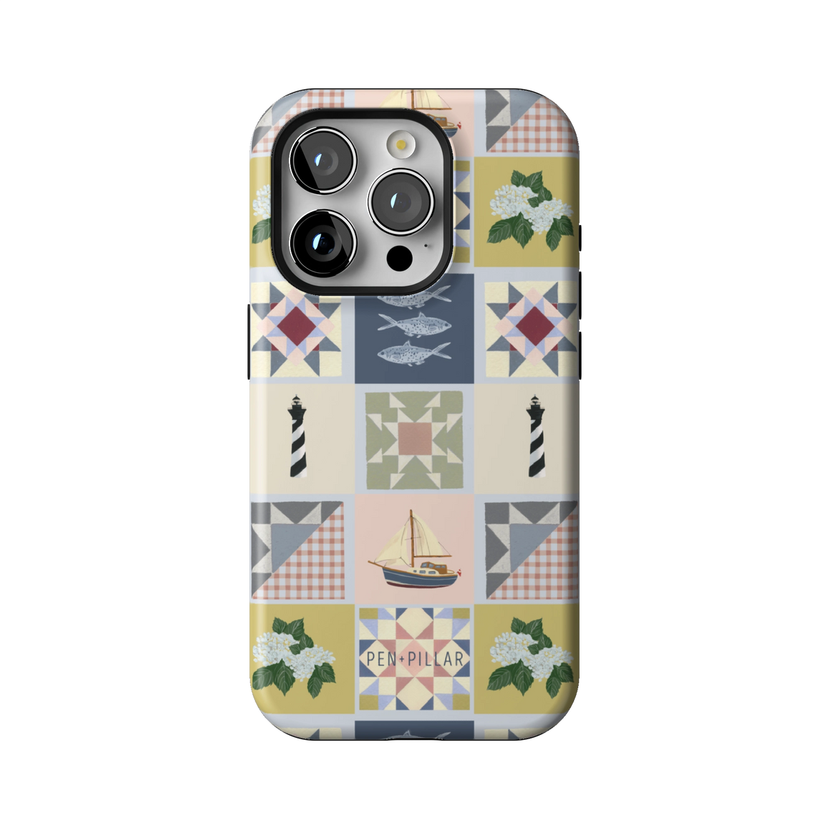 Coastal Quilt case on iPhone 15 Pro, back view: quilt blocks with sailboats, fish, a lighthouse and hydrangeas in navy, sage and blush