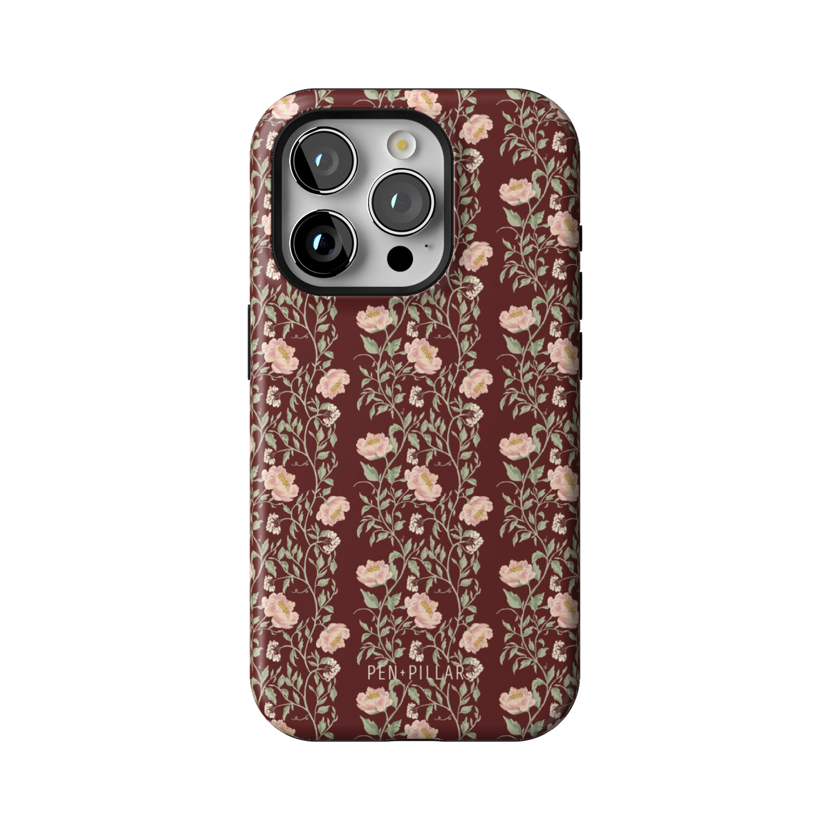 Thicket case on iPhone 15 Pro, back view: dense blush and cream florals on deep burgundy