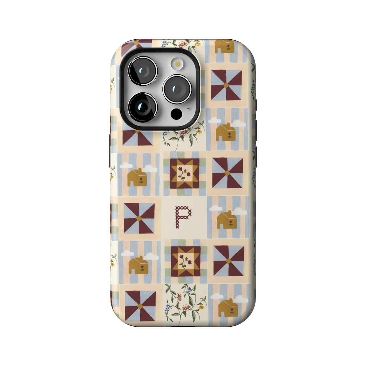 Pinwheel Personalized case on iPhone 15 Pro, back view: burgundy pinwheel quilt blocks on blue stripes with the initial P