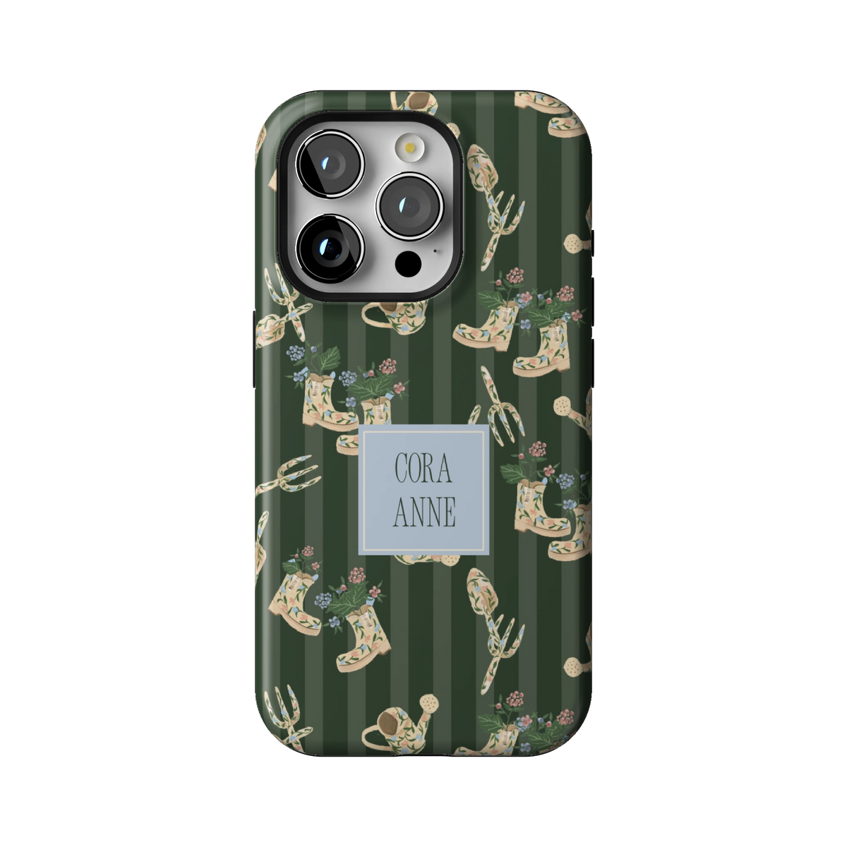 In the Garden Personalized case on iPhone 15 Pro, back view: garden boots, tools and florals on forest green stripes with the name Cora Anne