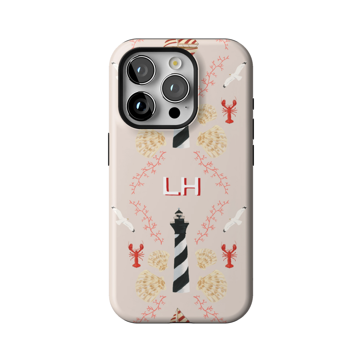 Lighthouse Personalized case on iPhone 15 Pro, back view: striped lighthouses, lobsters and seashells on blush with the initials LH