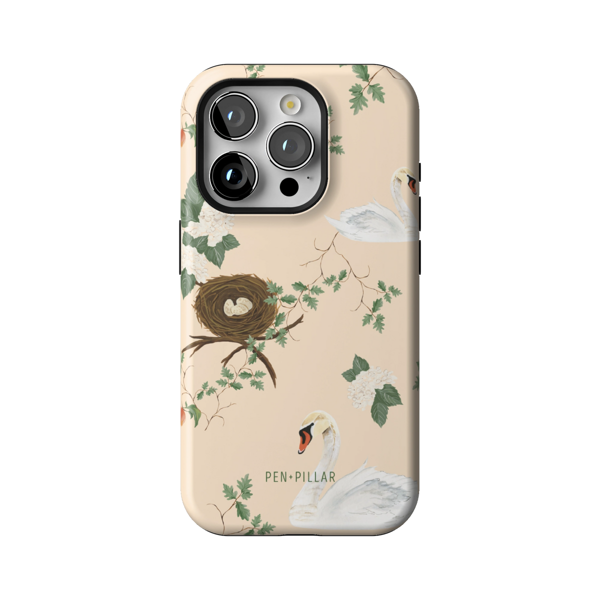 Swan Hollow case on iPhone 15 Pro, back view: swans, a bird's nest and trailing greenery on cream