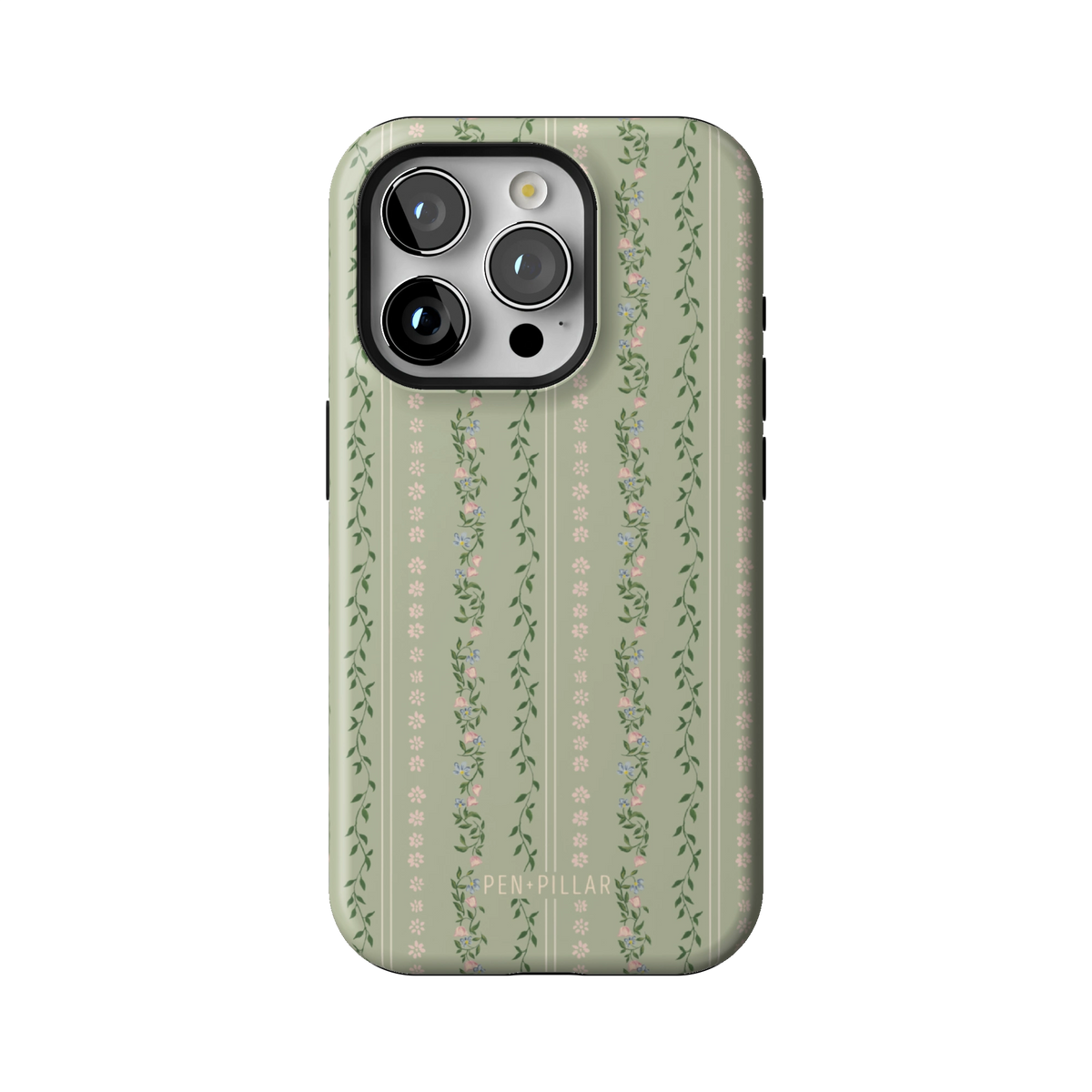 Camellia case on iPhone 15 Pro, back view: sage green with soft floral stripes