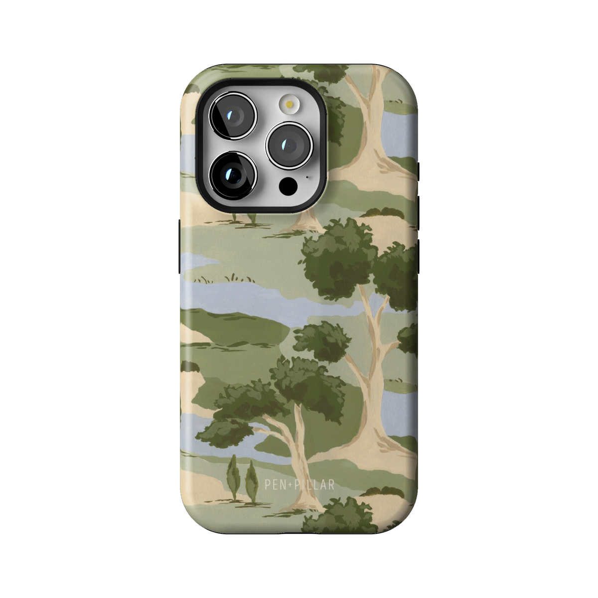 Orchard case on iPhone 15 Pro, back view: rolling green trees and winding blue streams on cream