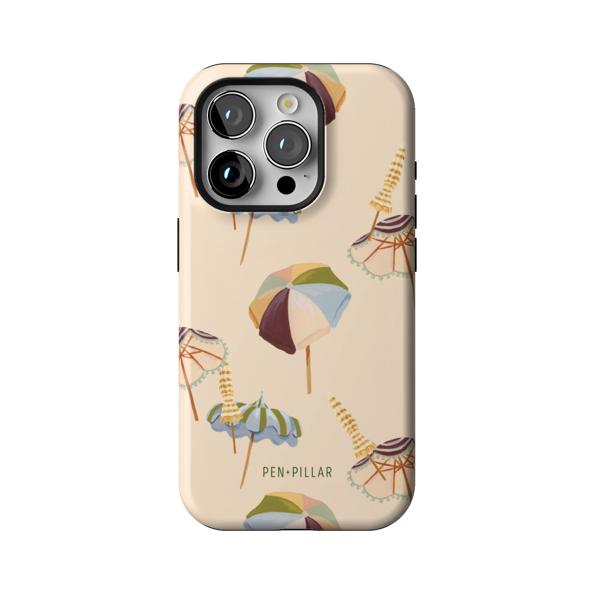 Umbrellas case on iPhone 15 Pro, back view: striped beach umbrellas and loungers on warm sand