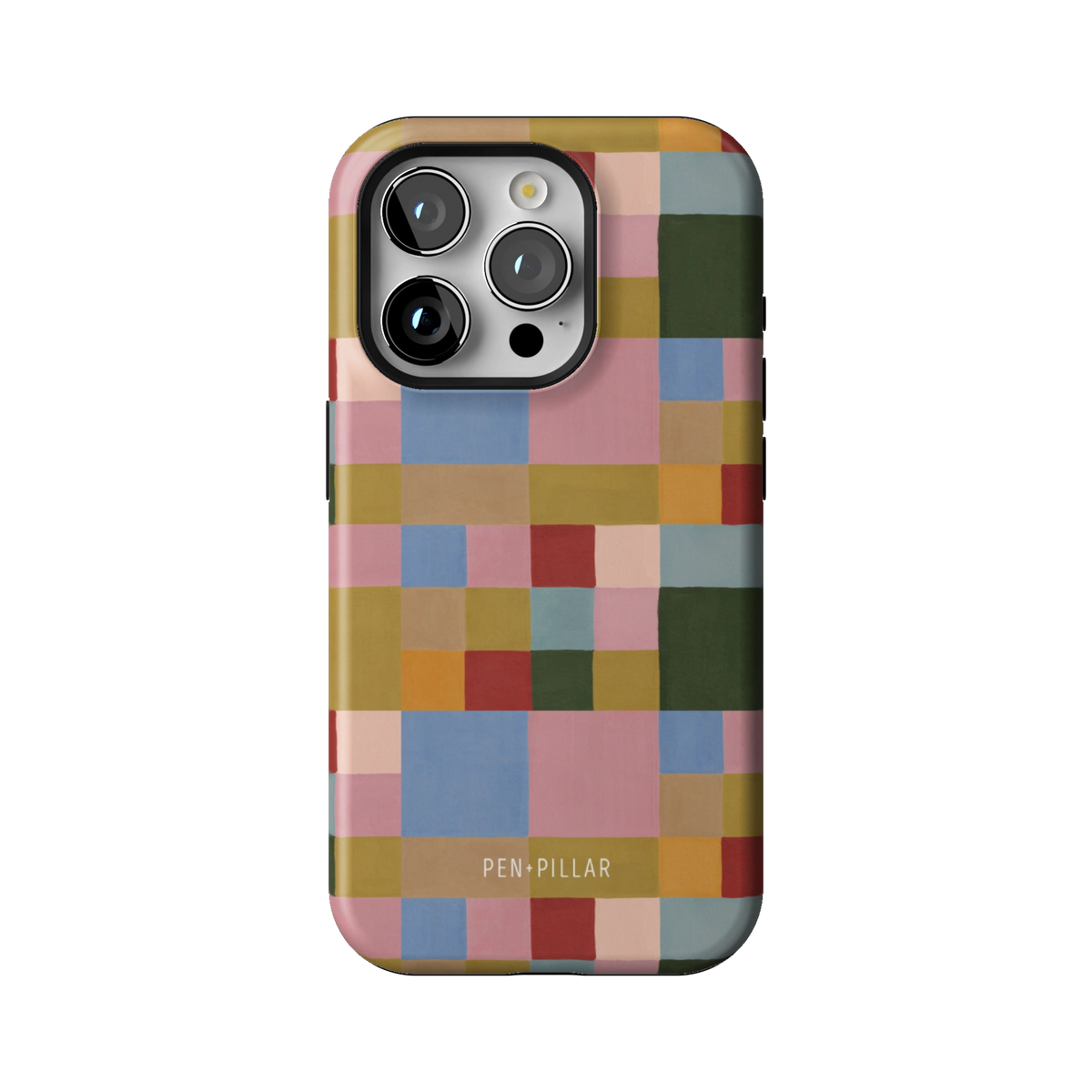 Colorblock case on iPhone 15 Pro, back view: painterly squares in blush, sky blue, mustard, rust and forest green