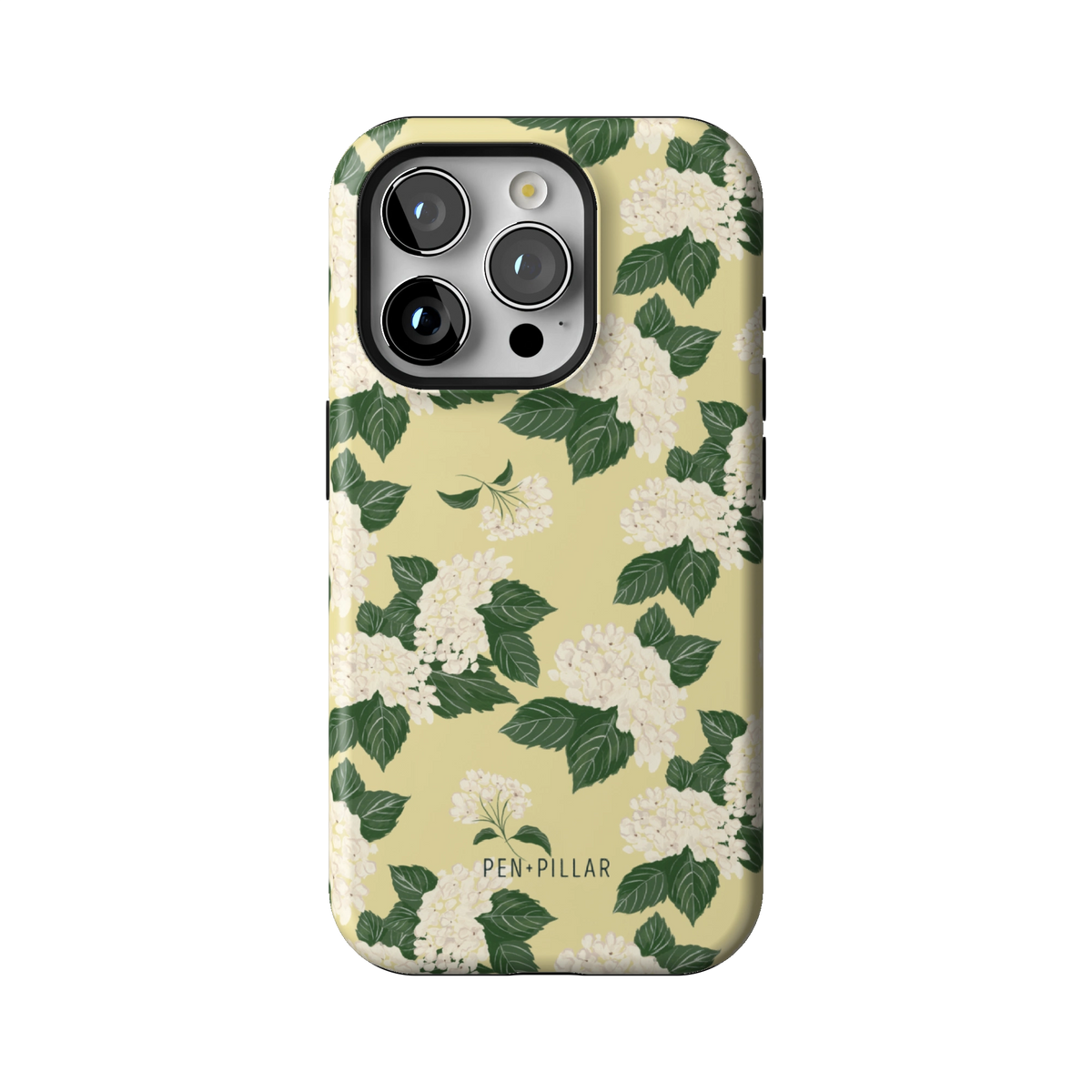 Hydrangea case on iPhone 15 Pro, back view: white hydrangeas and green leaves on buttery yellow