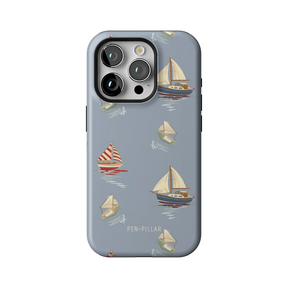 Harbor case on iPhone 15 Pro, back view: sailboats and paper boats on dusty blue