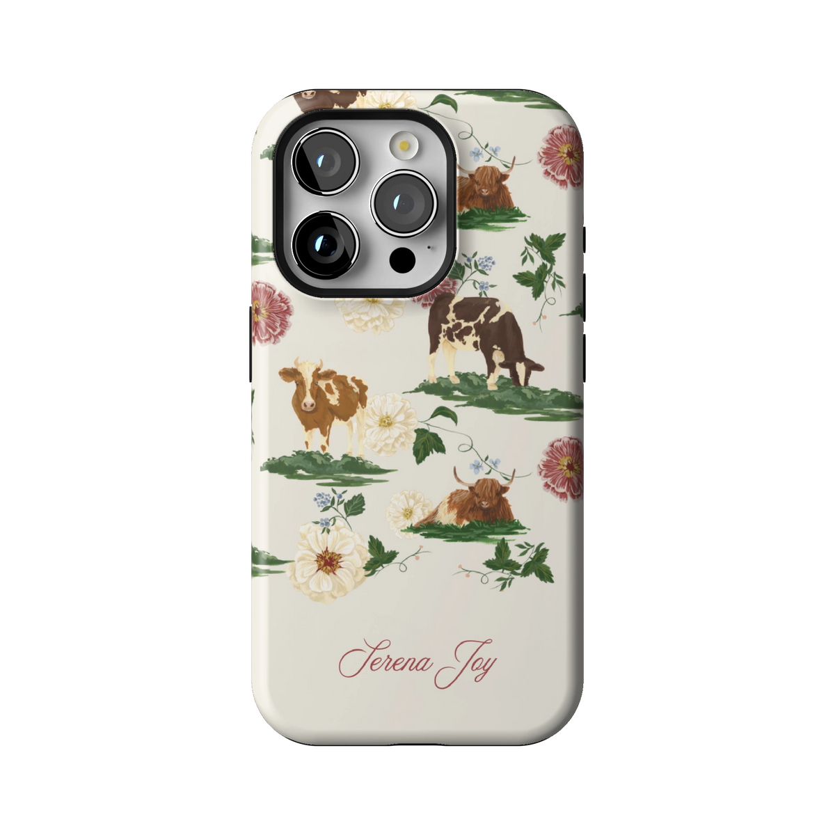 Pasture Personalized case on iPhone 15 Pro, back view: cows and dahlias in a countryside scene on cream with a name in script