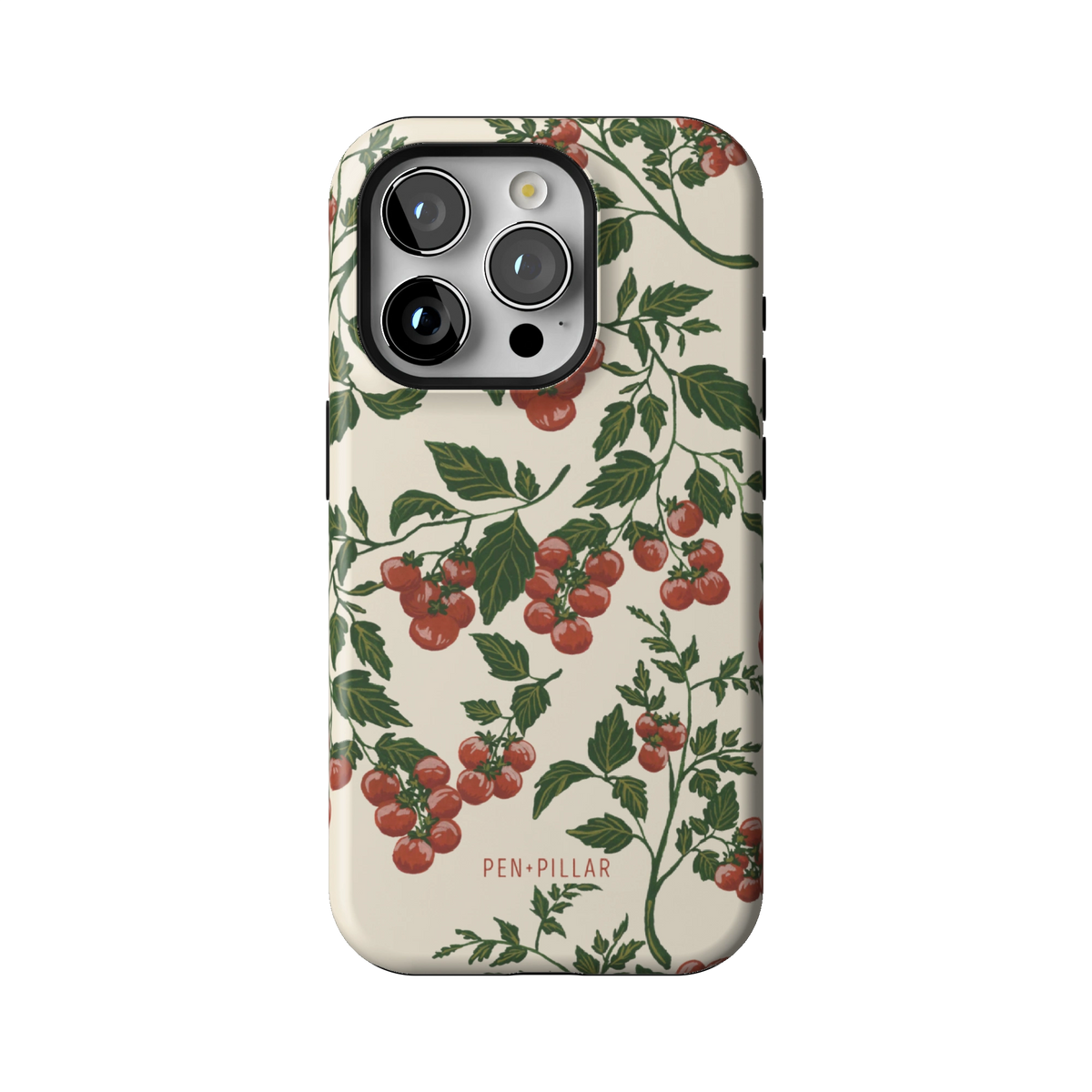 Tomato Vines case on iPhone 15 Pro, back view: red tomatoes on leafy green vines over cream