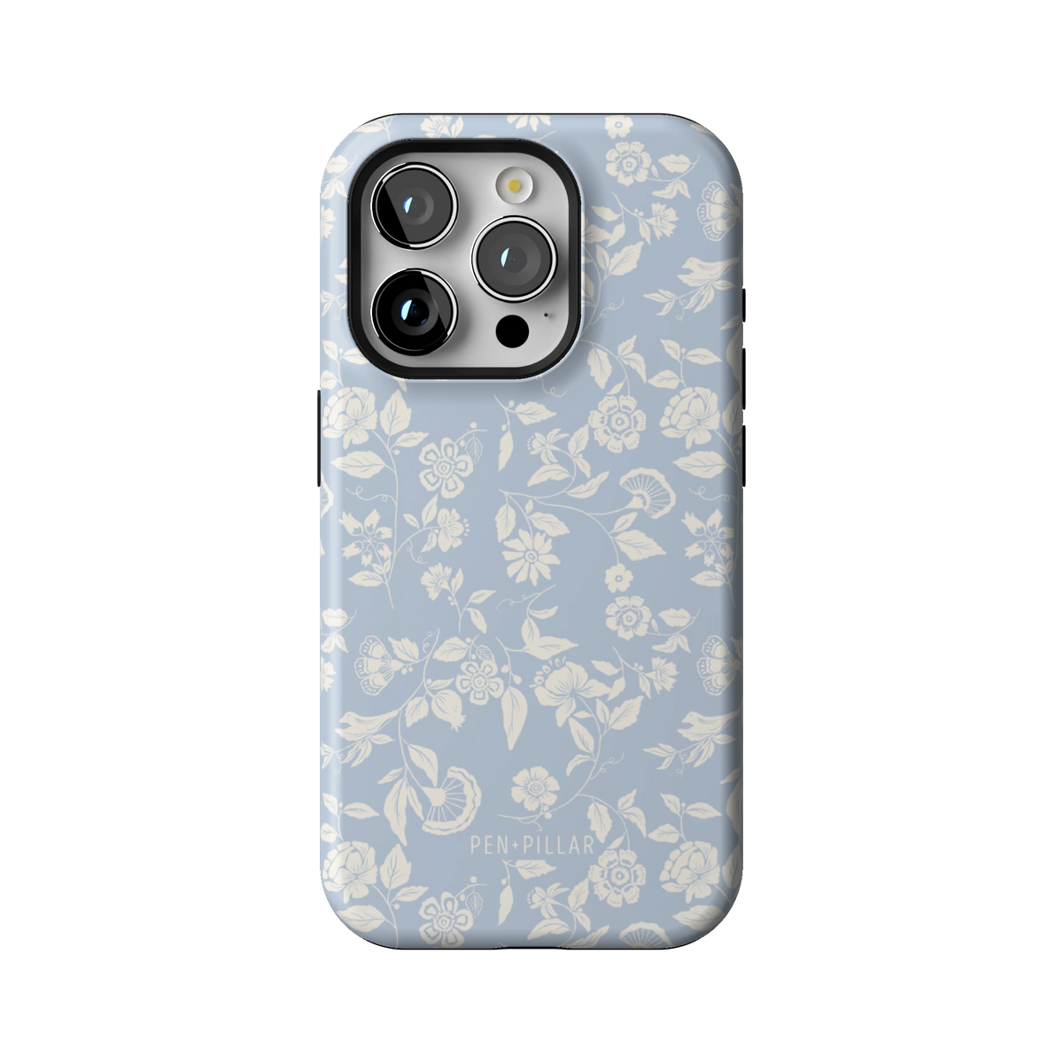 Spritz case on iPhone 15 Pro, back view: white florals on soft blue