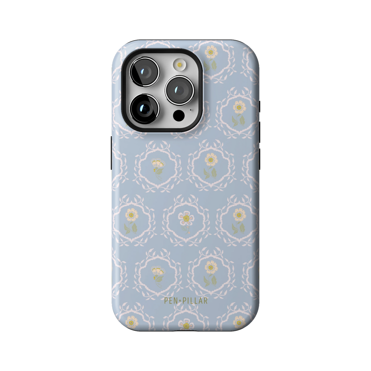Merrigold case on iPhone 15 Pro, back view: small white florals in a lattice on pale blue