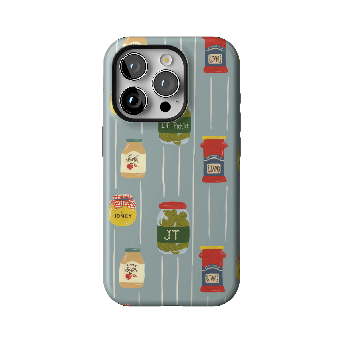 Preserves Personalized case on iPhone 15 Pro, back view: jars of honey, pickles and jam on slate blue stripes with the initials JT