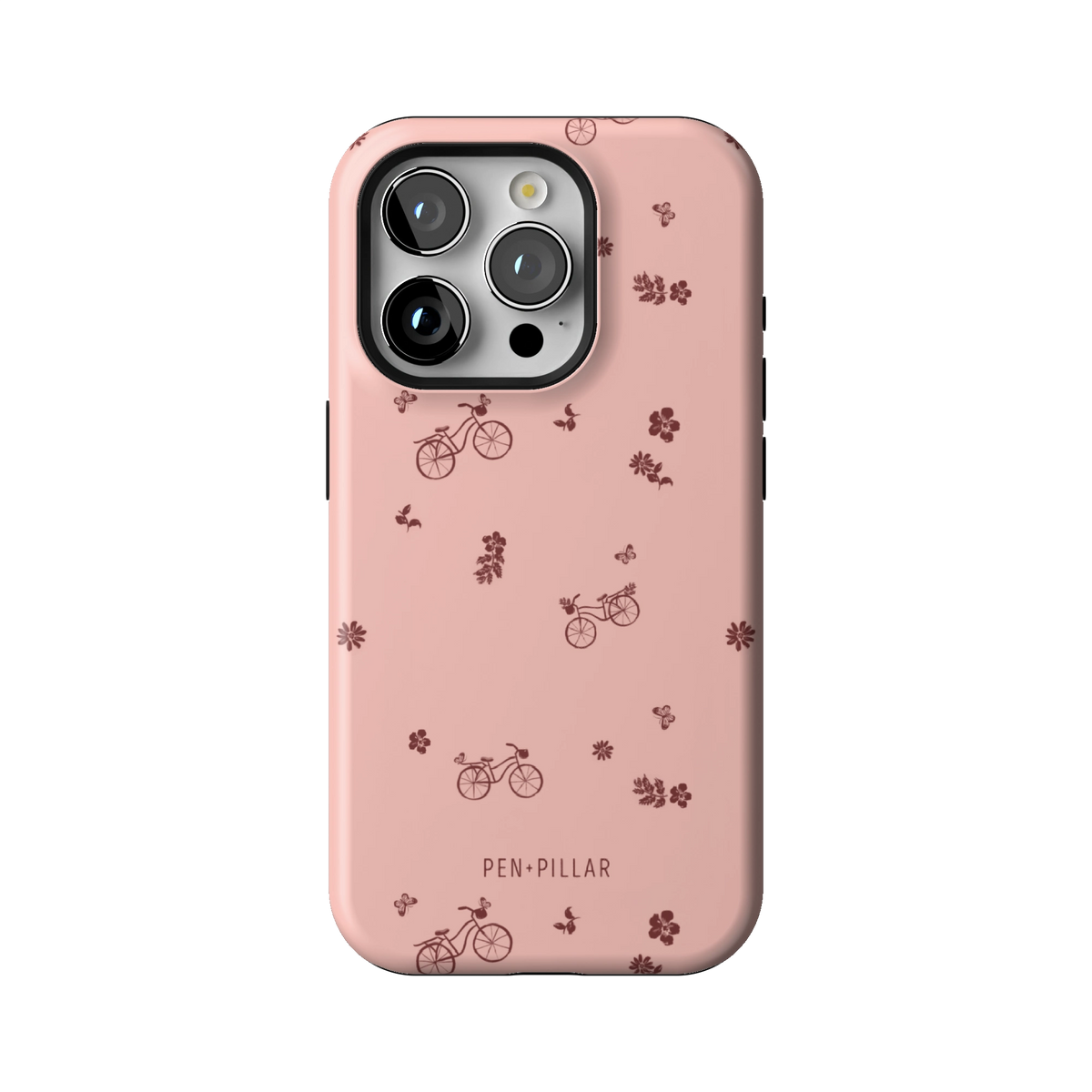 Bike Ride case on iPhone 15 Pro, back view: little bicycles and flower sprigs on pink