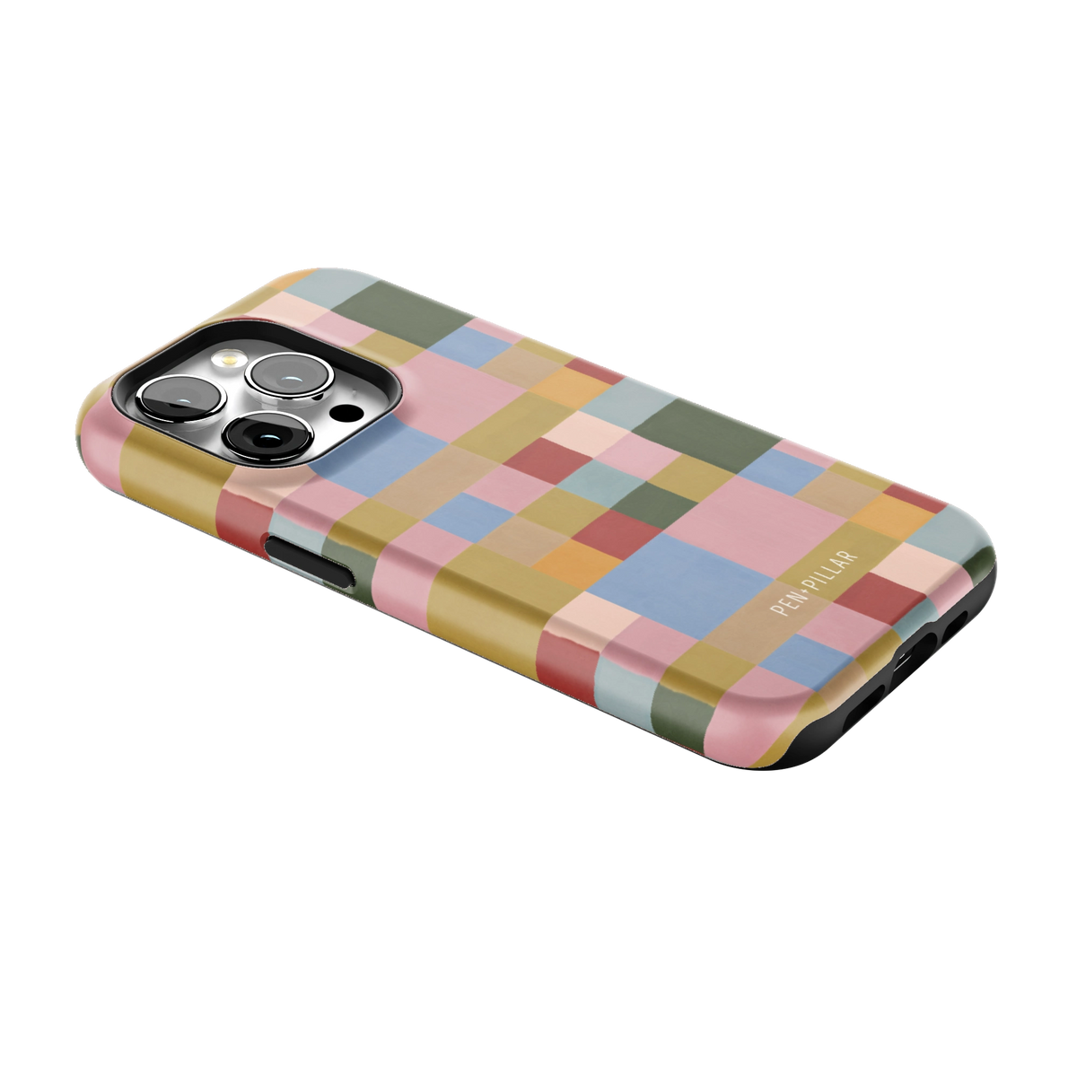 Colorblock iPhone 15 Pro case lying at an angle, showing the side buttons and print wrapping the edges