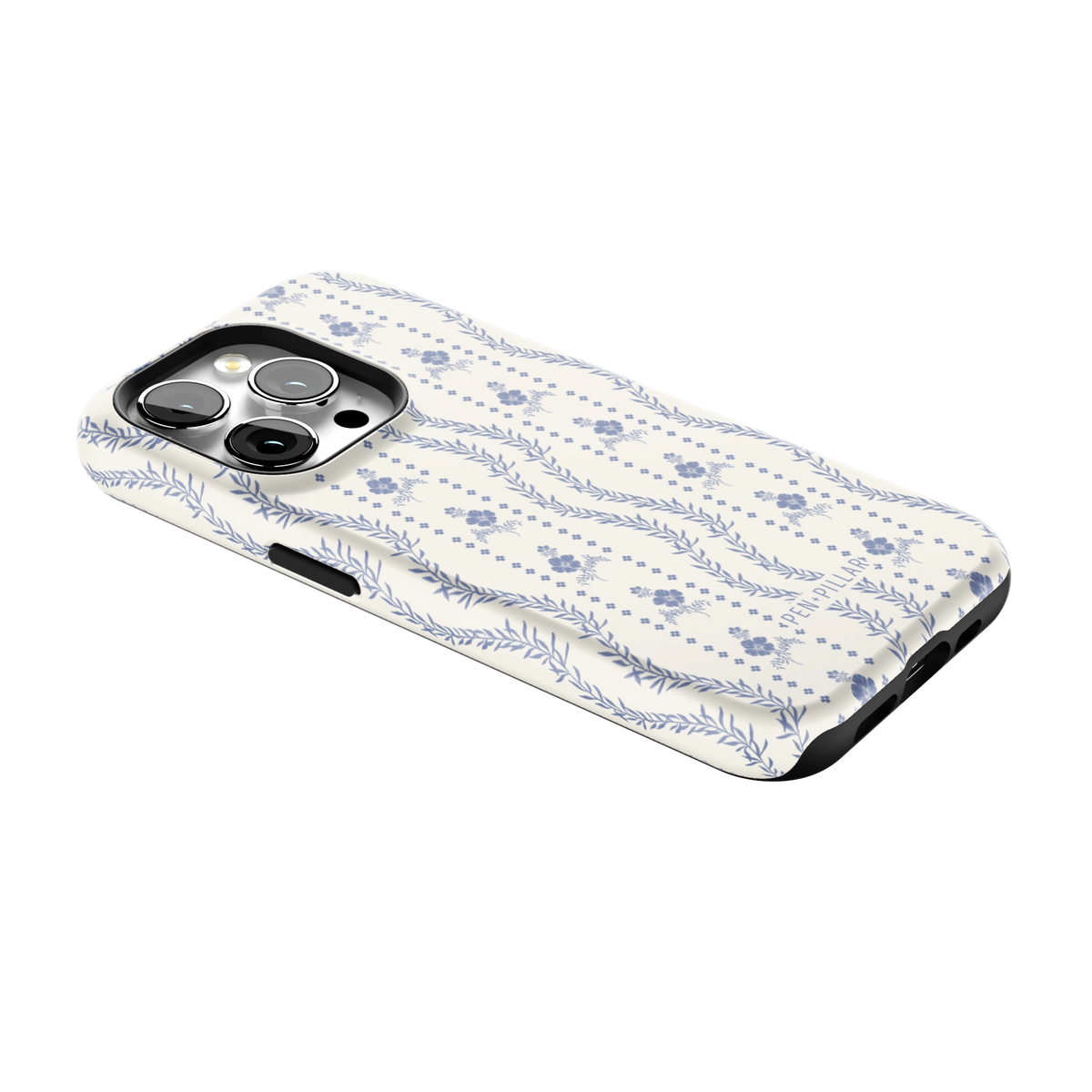Riviera iPhone 15 Pro case lying at an angle, showing the side buttons and print wrapping the edges