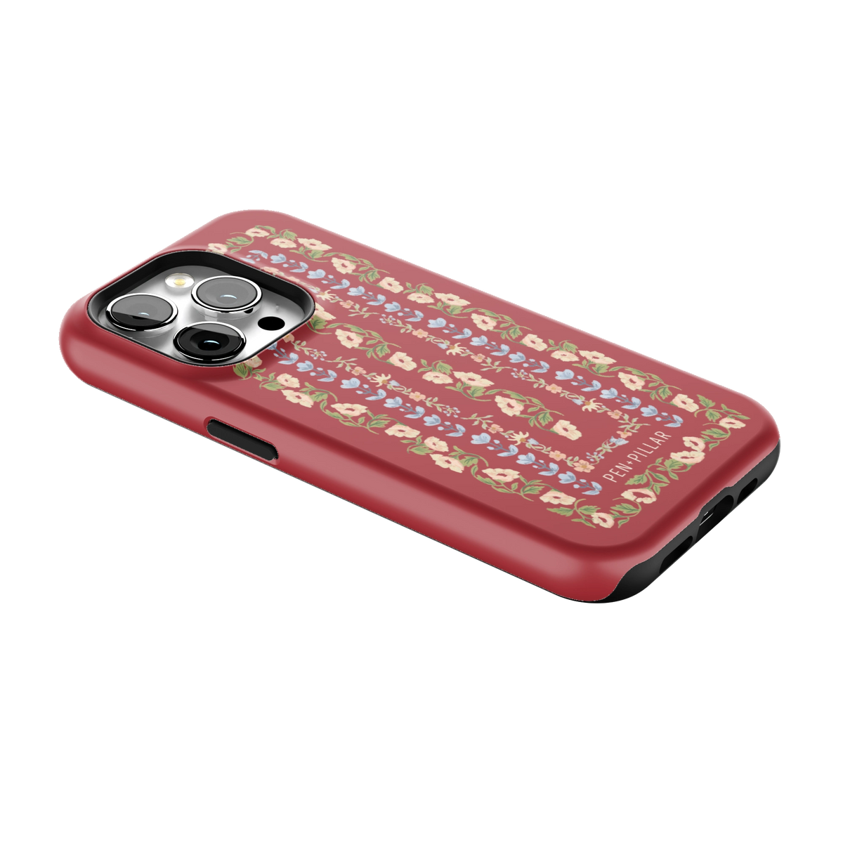 Fiona iPhone 15 Pro case lying at an angle, showing the side buttons and print wrapping the edges