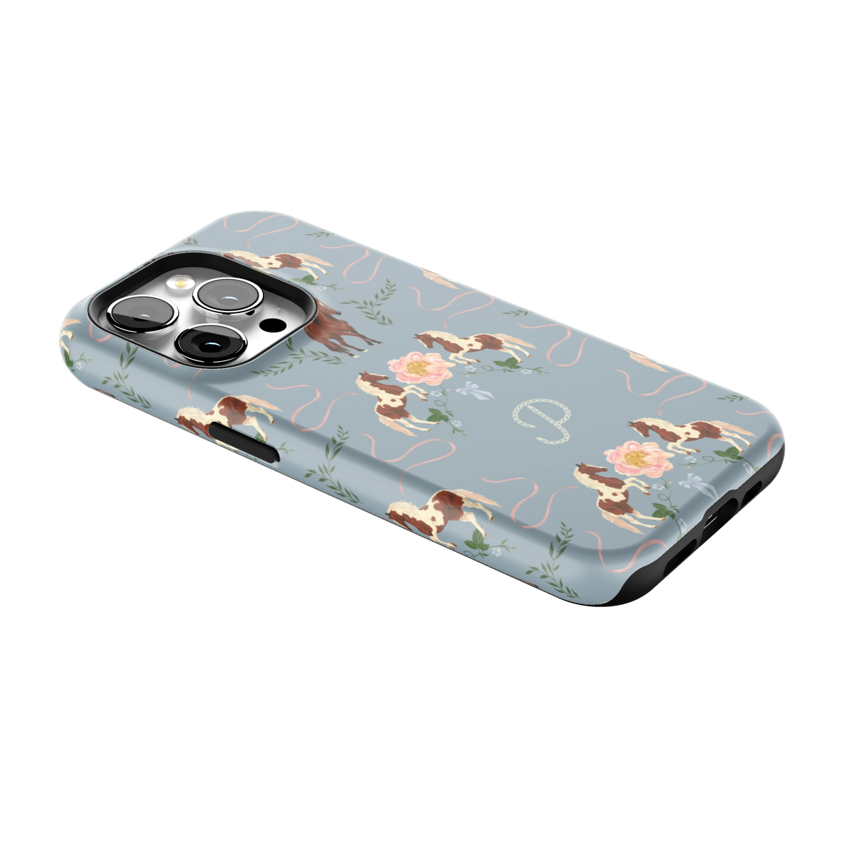 Prairie Personalized iPhone 15 Pro case lying at an angle, showing the side buttons and print wrapping the edges