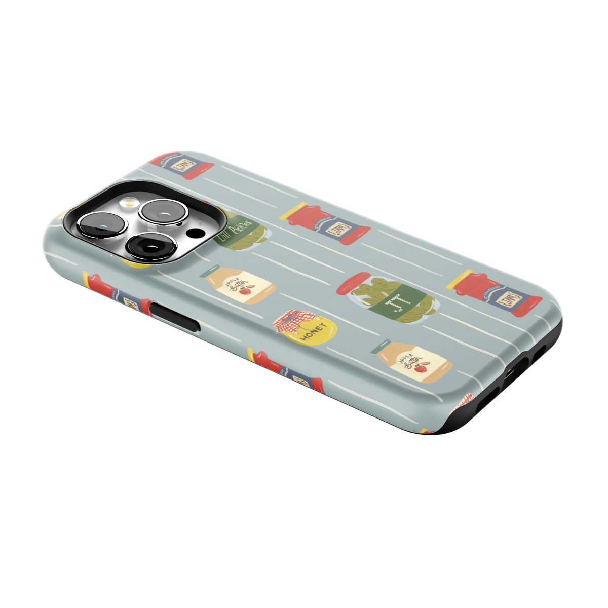 Preserves Personalized iPhone 15 Pro case lying at an angle, showing the side buttons and print wrapping the edges