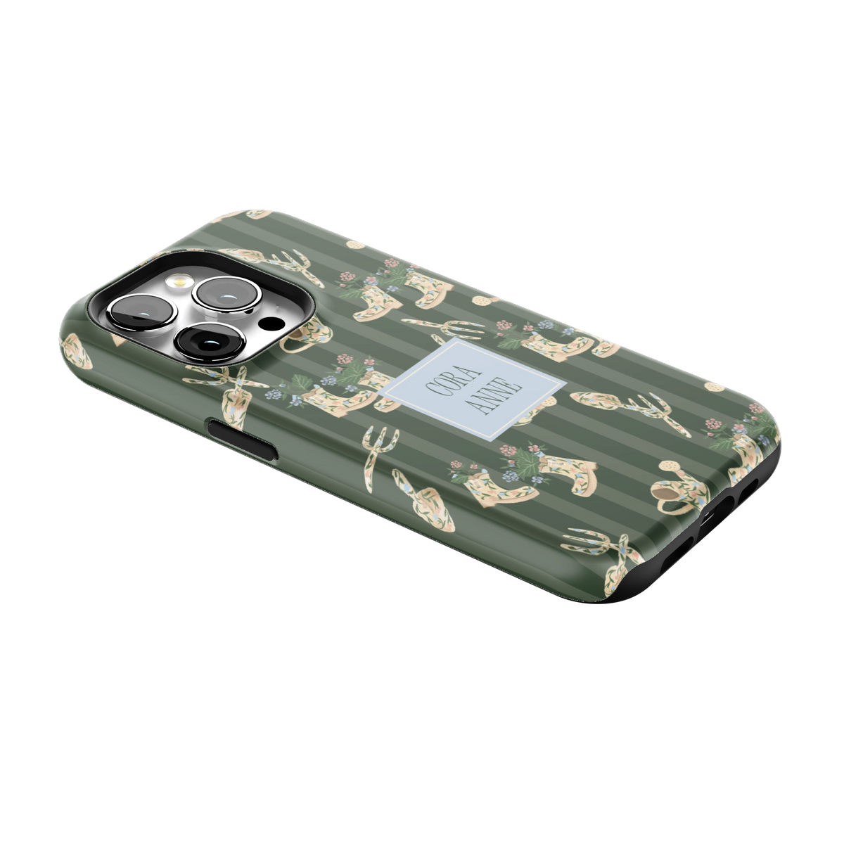 In the Garden Personalized iPhone 15 Pro case lying at an angle, showing the side buttons and print wrapping the edges