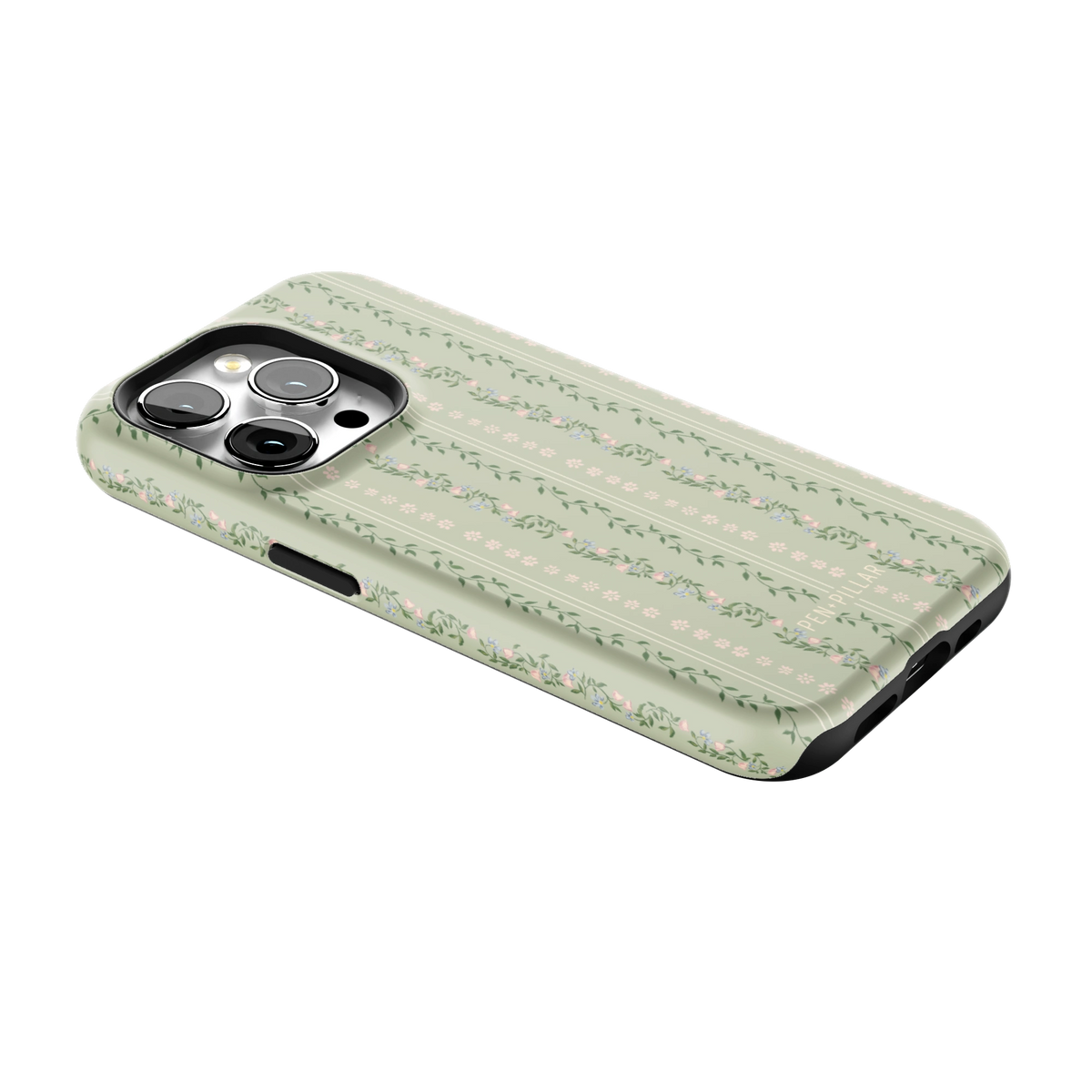 Camellia iPhone 15 Pro case lying at an angle, showing the side buttons and print wrapping the edges