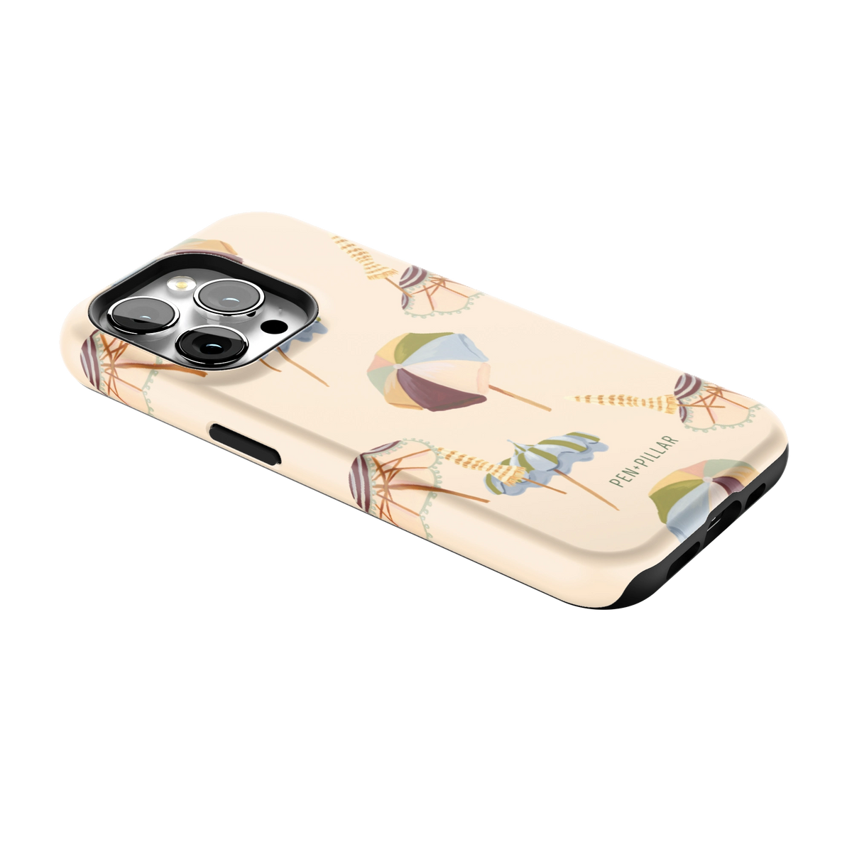 Umbrellas iPhone 15 Pro case lying at an angle, showing the side buttons and print wrapping the edges