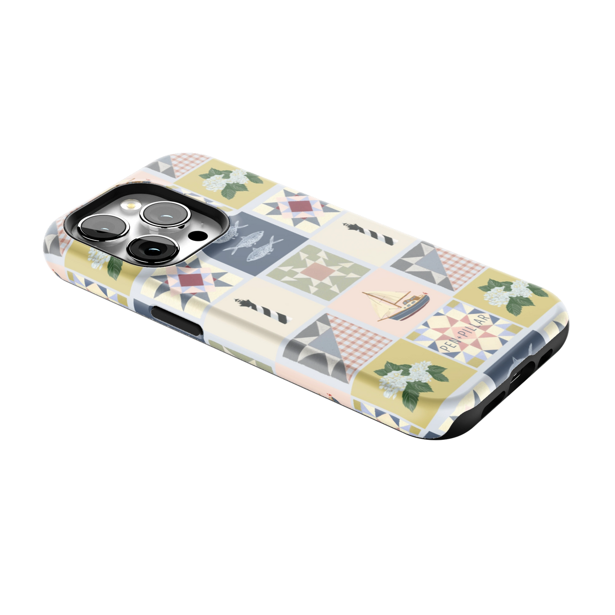 Coastal Quilt iPhone 15 Pro case lying at an angle, showing the side buttons and print wrapping the edges