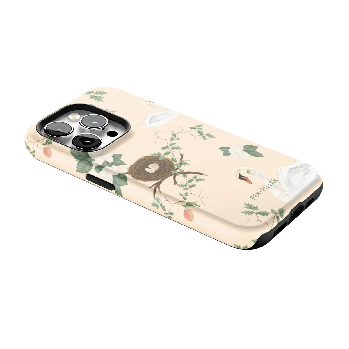 Swan Hollow iPhone 15 Pro case lying at an angle, showing the side buttons and print wrapping the edges