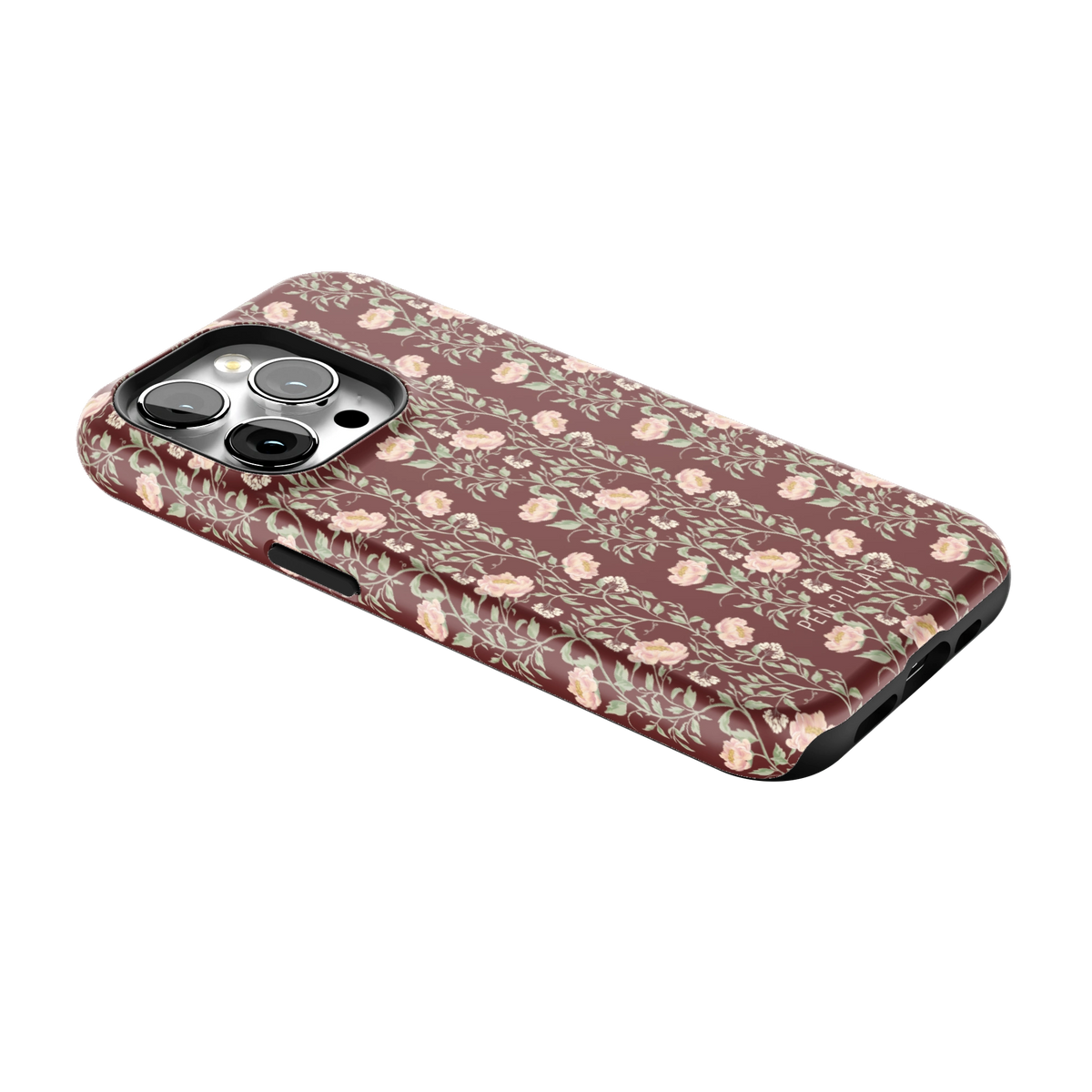 Thicket iPhone 15 Pro case lying at an angle, showing the side buttons and print wrapping the edges