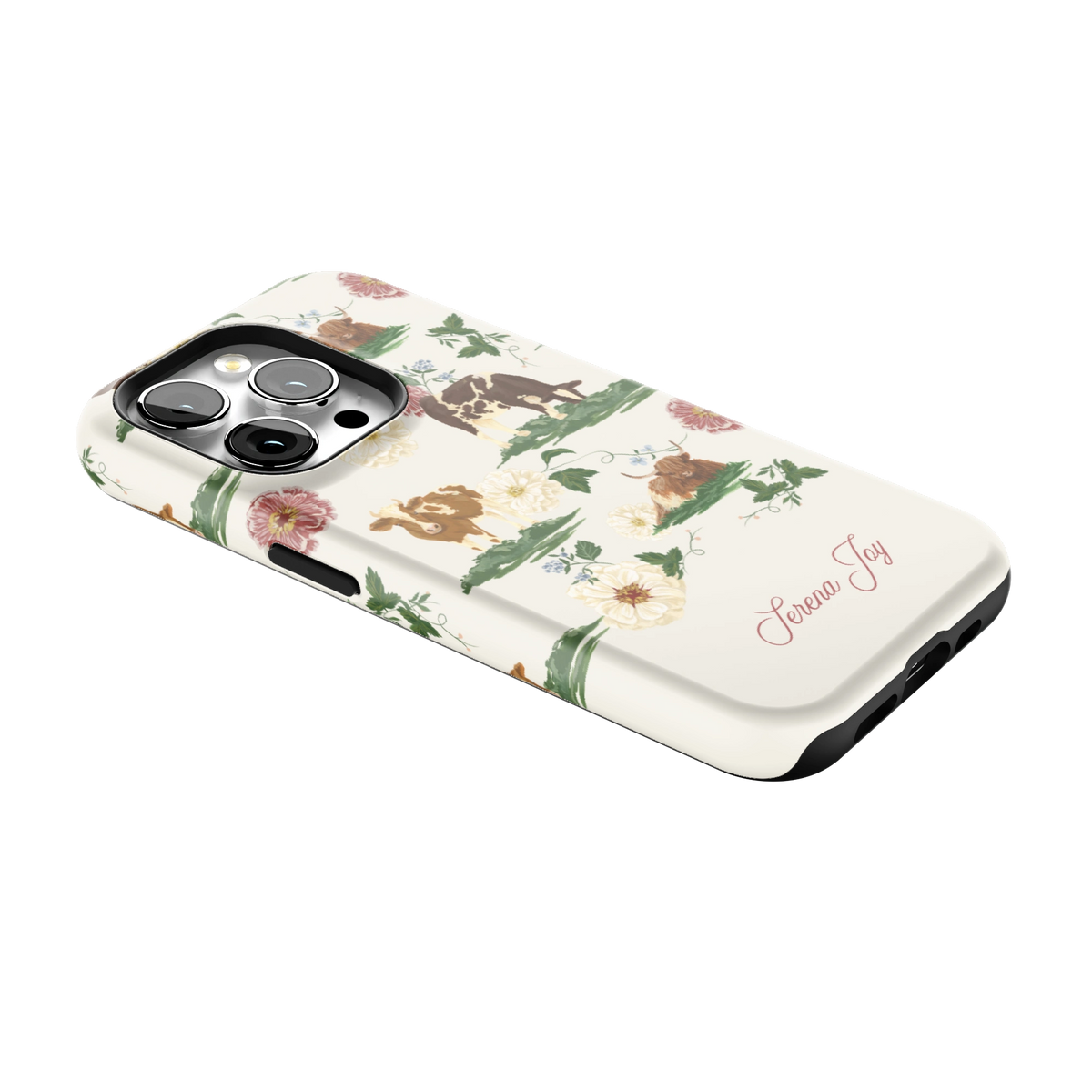 Pasture Personalized iPhone 15 Pro case lying at an angle, showing the side buttons and print wrapping the edges
