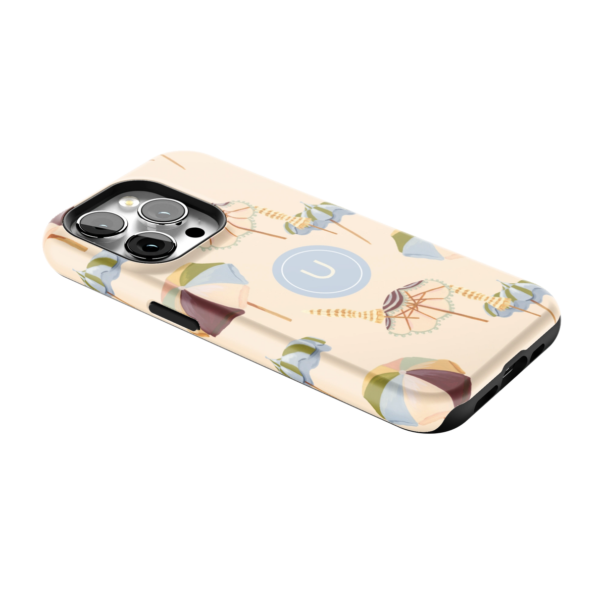 Umbrellas Personalized iPhone 15 Pro case lying at an angle, showing the side buttons and print wrapping the edges