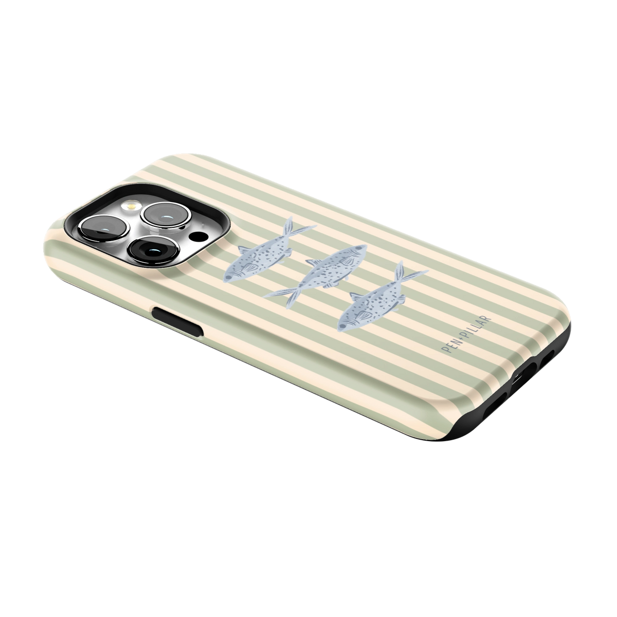 Sea Stripes iPhone 15 Pro case lying at an angle, showing the side buttons and print wrapping the edges
