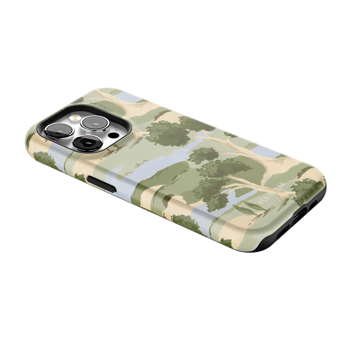 Orchard iPhone 15 Pro case lying at an angle, showing the side buttons and print wrapping the edges