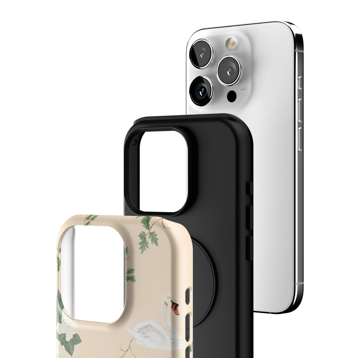 Exploded view of the Swan Hollow iPhone 15 Pro case: printed shell, black inner layer with MagSafe ring, and phone