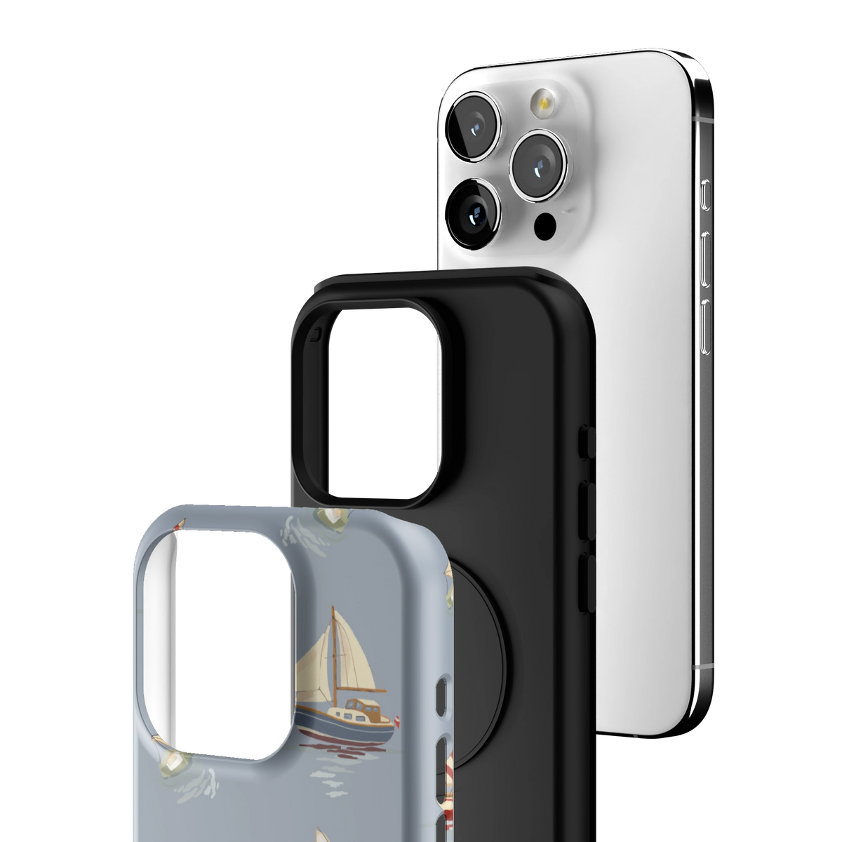 Exploded view of the Harbor iPhone 15 Pro case: printed shell, black inner layer with MagSafe ring, and phone