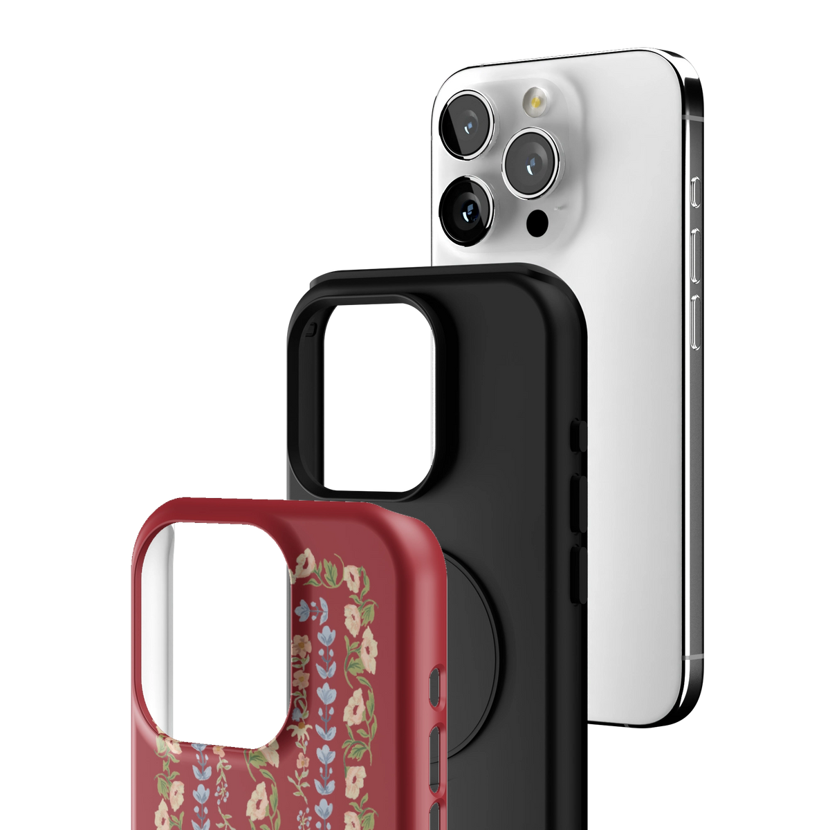Exploded view of the Fiona iPhone 15 Pro case: printed shell, black inner layer with MagSafe ring, and phone