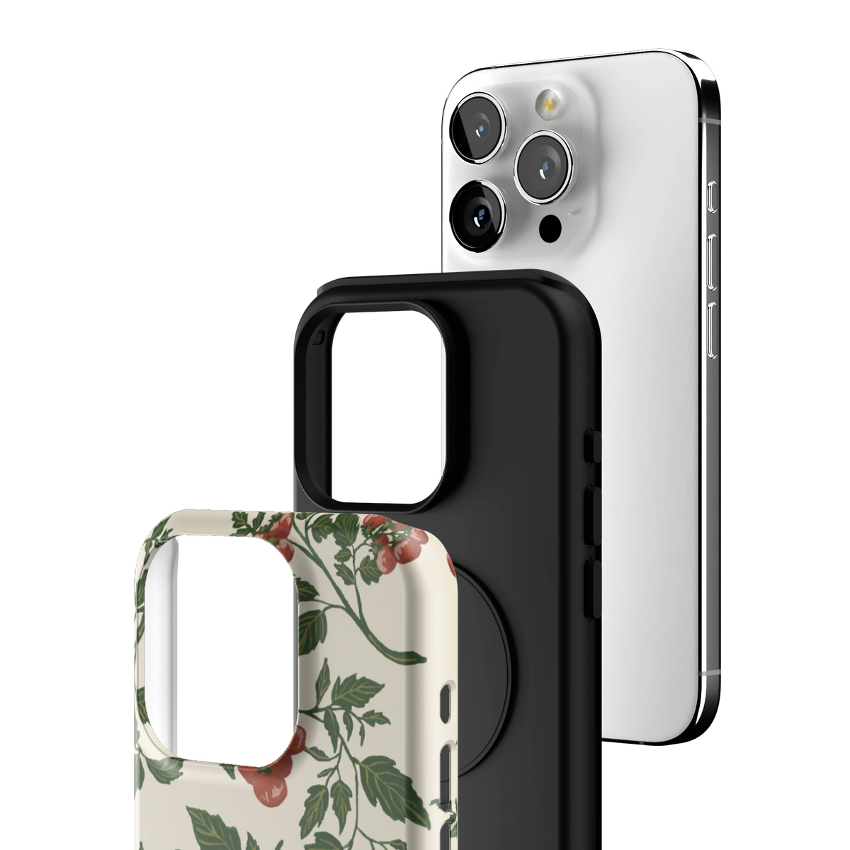 Exploded view of the Tomato Vines iPhone 15 Pro case: printed shell, black inner layer with MagSafe ring, and phone