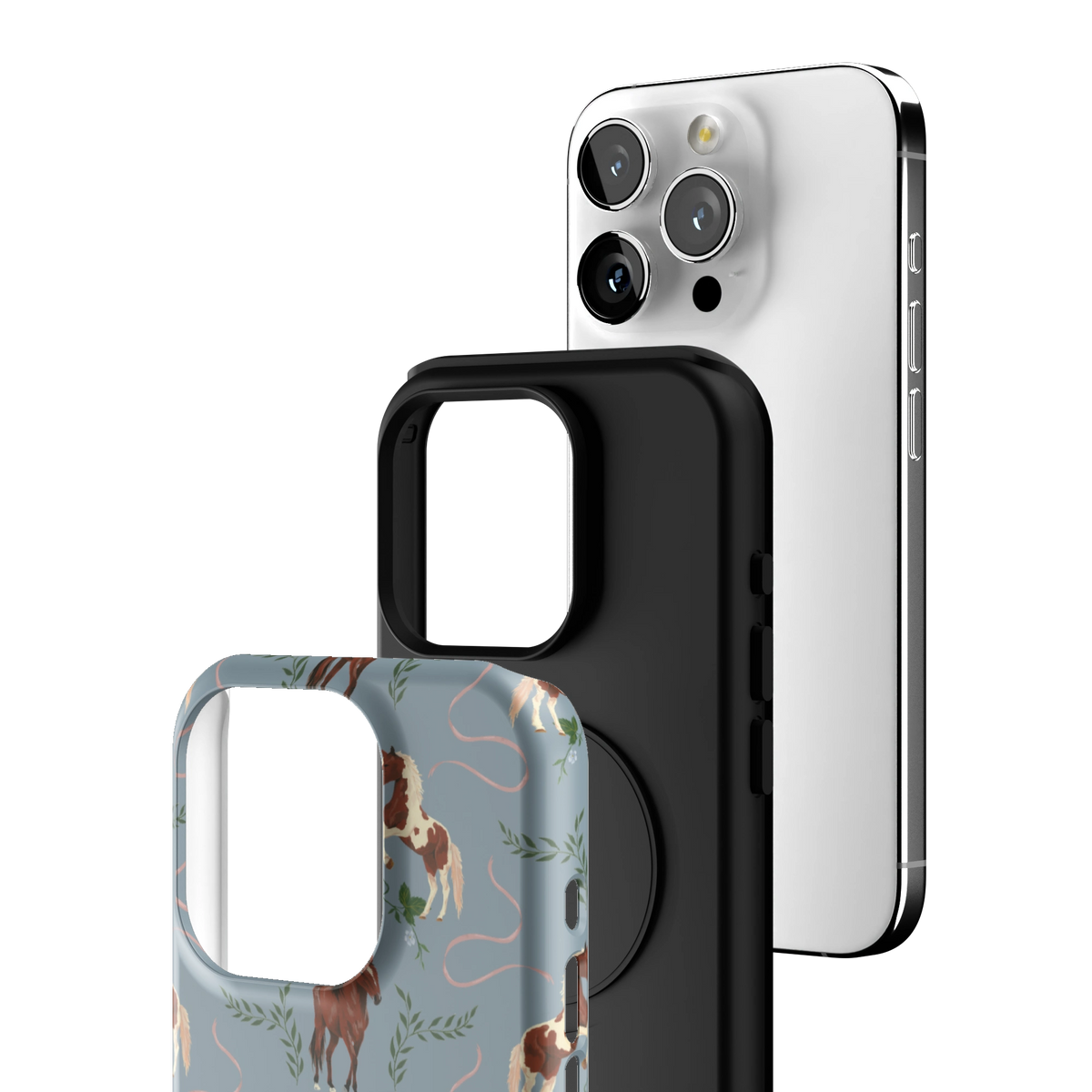 Exploded view of the Prairie Personalized iPhone 15 Pro case: printed shell, black inner layer with MagSafe ring, and phone