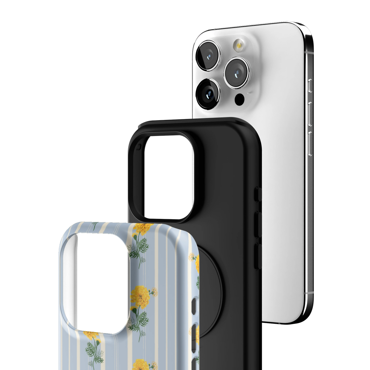 Exploded view of the October Birth Month iPhone 15 Pro case: printed shell, black inner layer with MagSafe ring, and phone